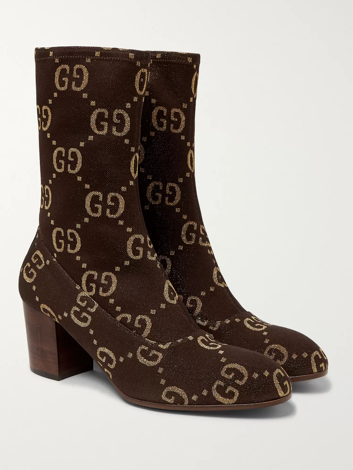 GUCCI LEATHER-TRIMMED LOGO-JACQUARD BOOTS