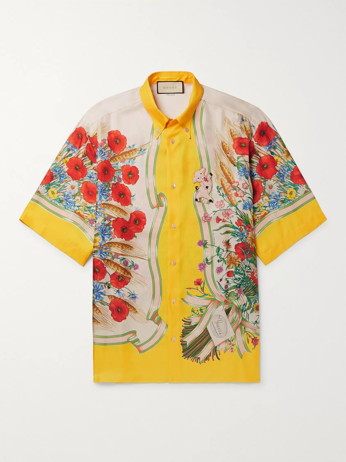 GUCCI BUTTON-DOWN COLLAR EMBROIDERED AND PRINTED SILK-SATIN SHIRT