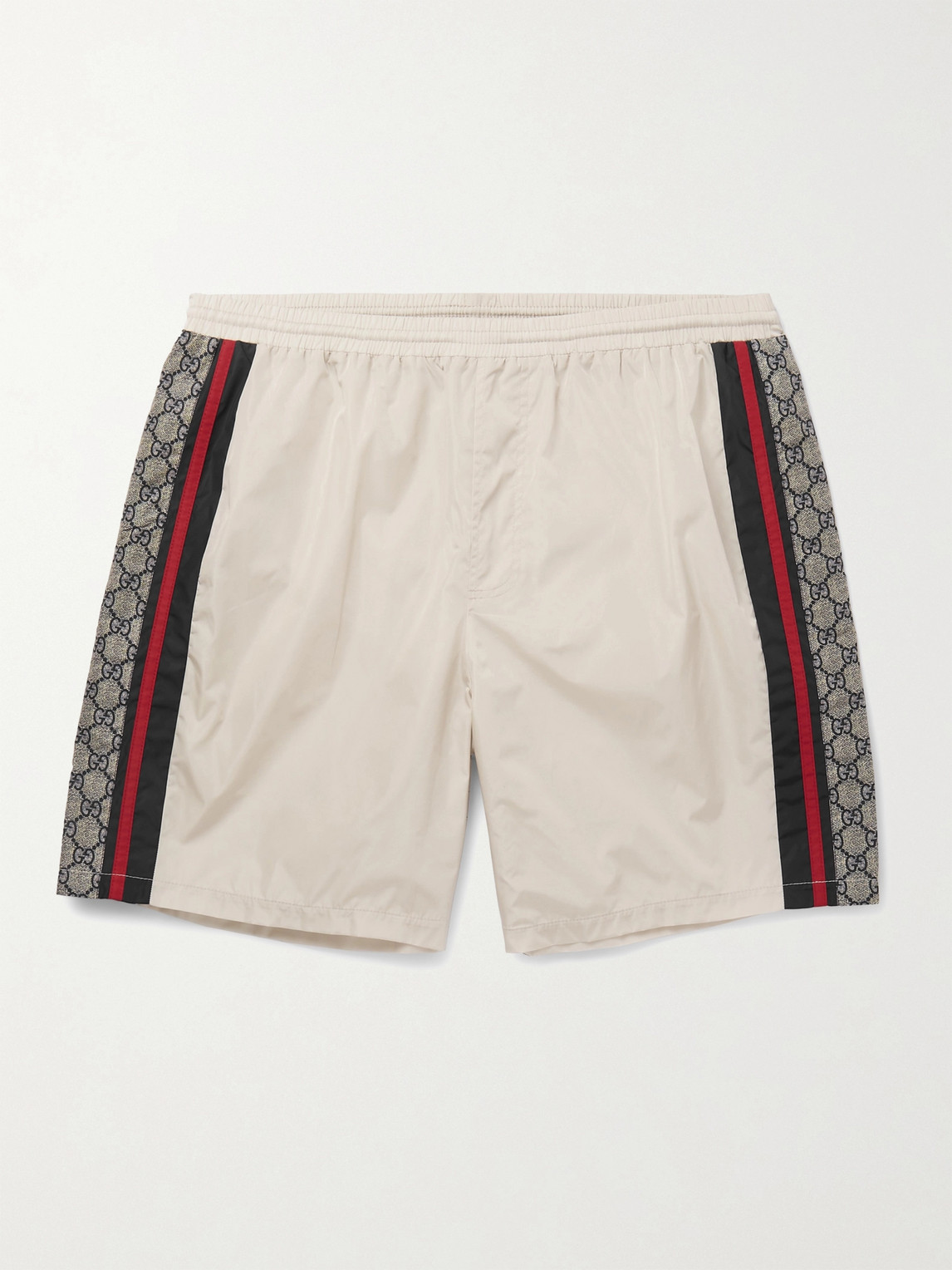 Gucci Wide-leg Long-length Striped Logo-print Swim Shorts In Neutrals