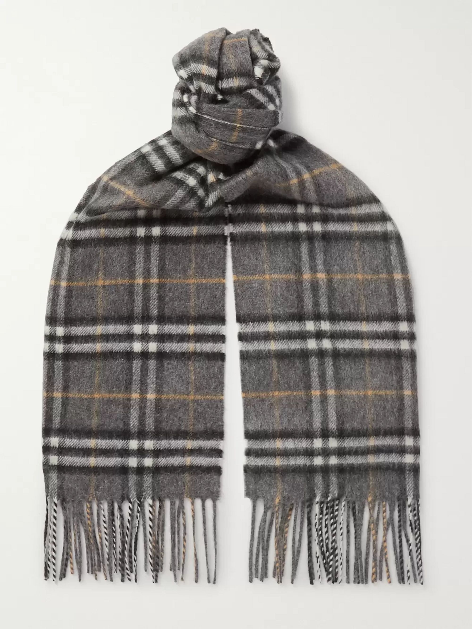 Gray Fringed Checked Cashmere Scarf 