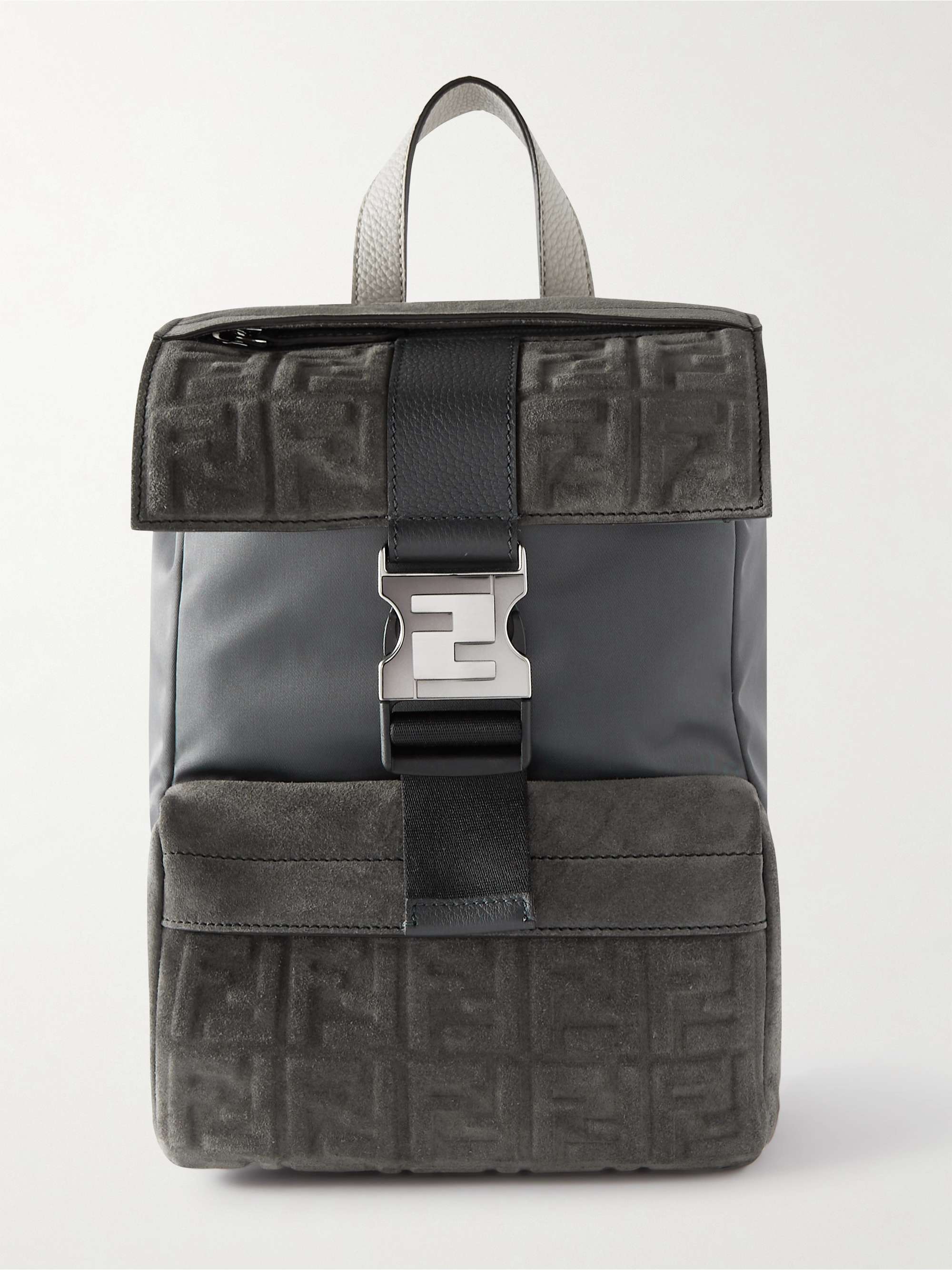 FENDI Mini Leather-Trimmed Logo-Embossed Suede and Shell Sling Backpack