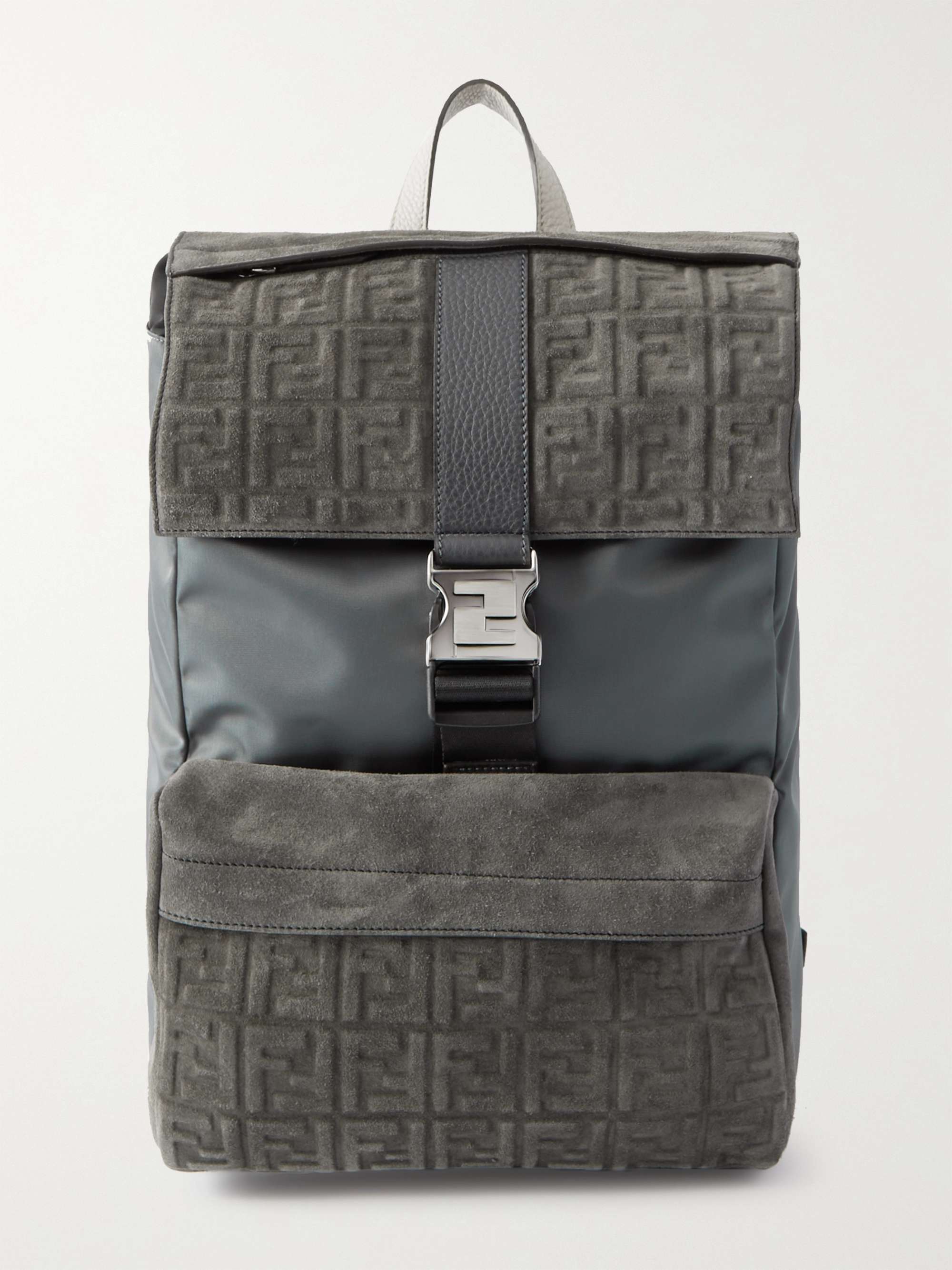 FENDI Mini Leather-Trimmed Logo-Embossed Suede and Shell Sling Backpack