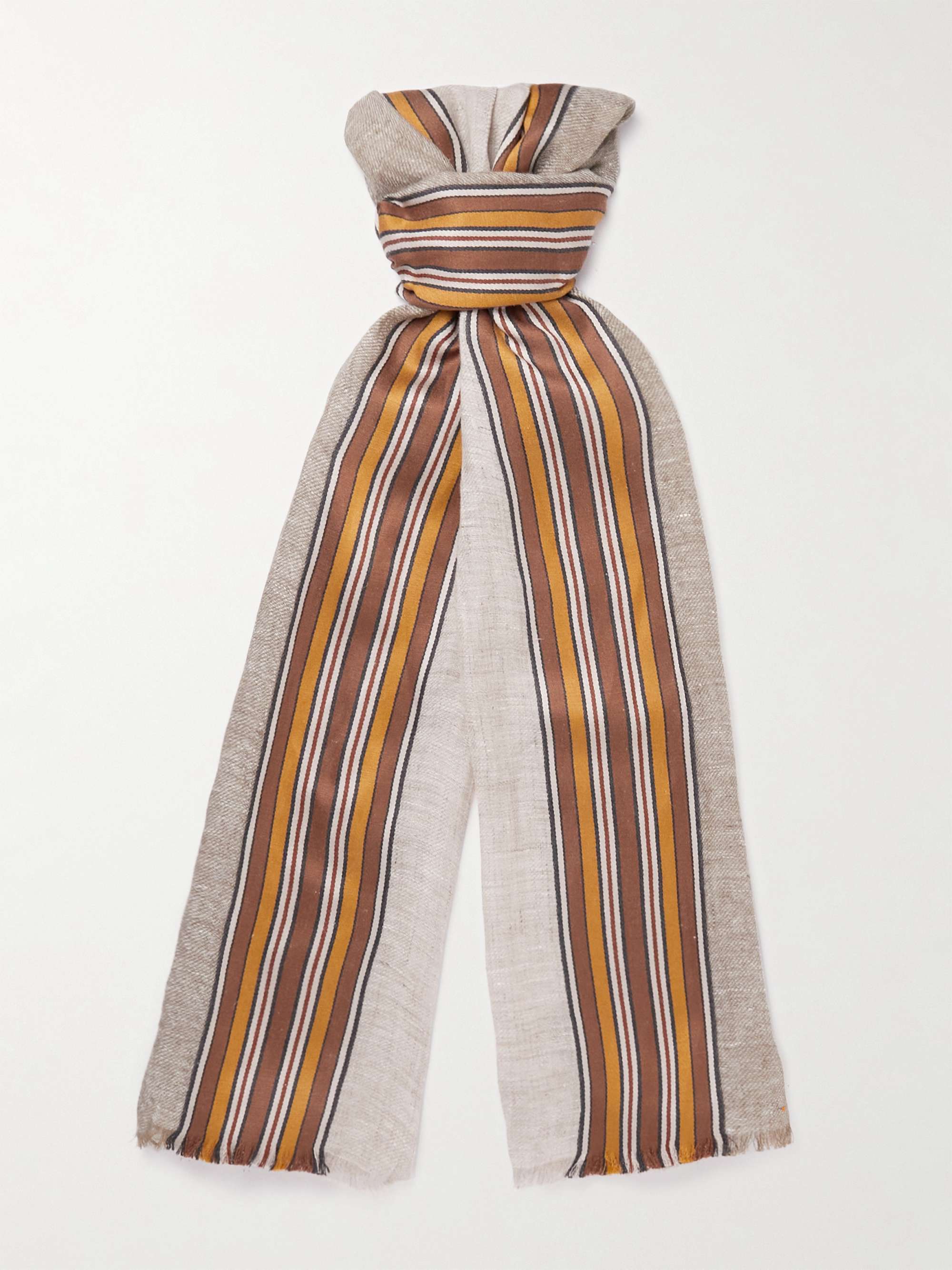 LORO PIANA Fringed Striped Linen and Silk-Blend Scarf