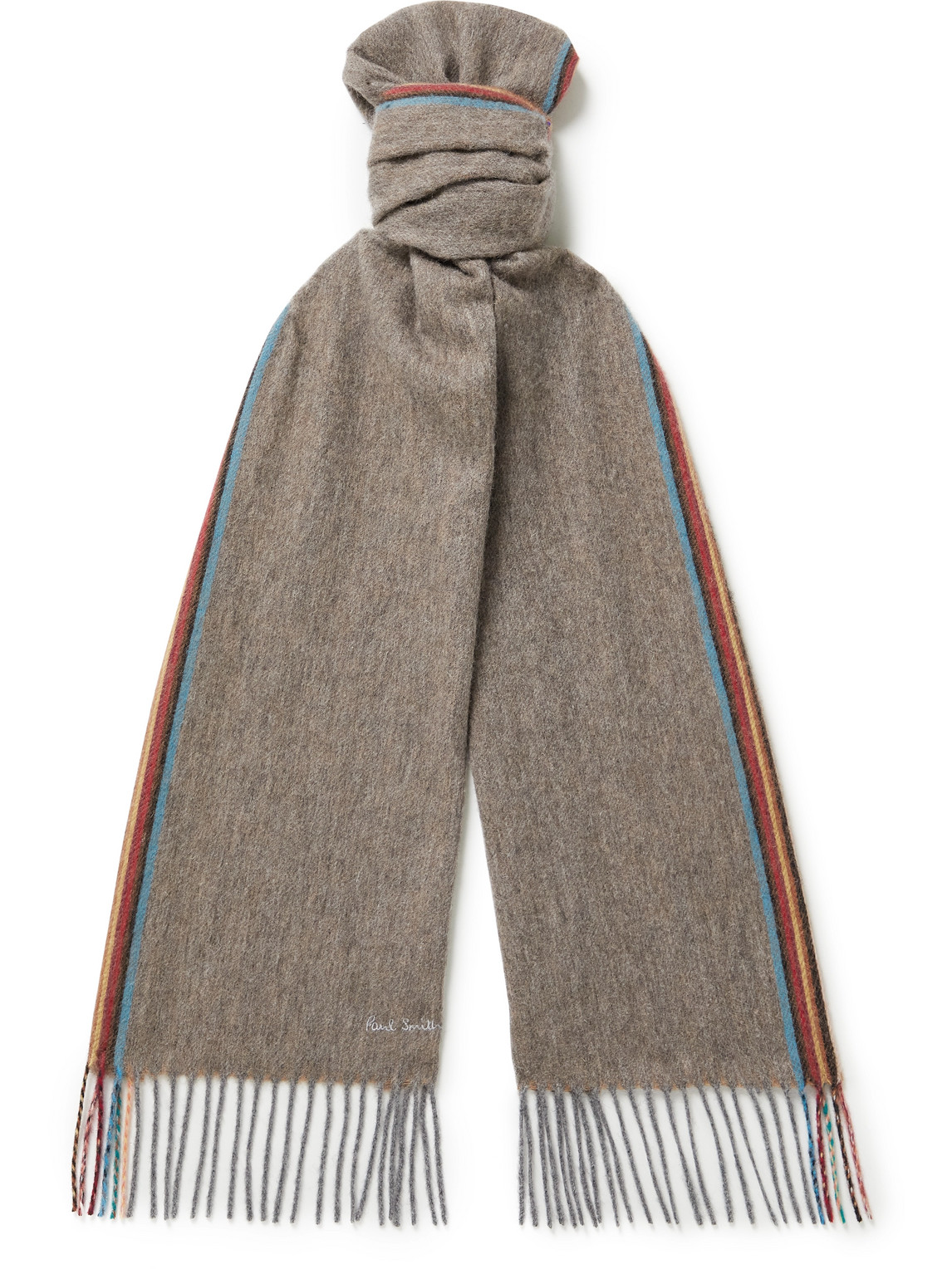 PAUL SMITH FRINGED STRIPED BRUSHED WOOL AND CASHMERE-BLEND SCARF