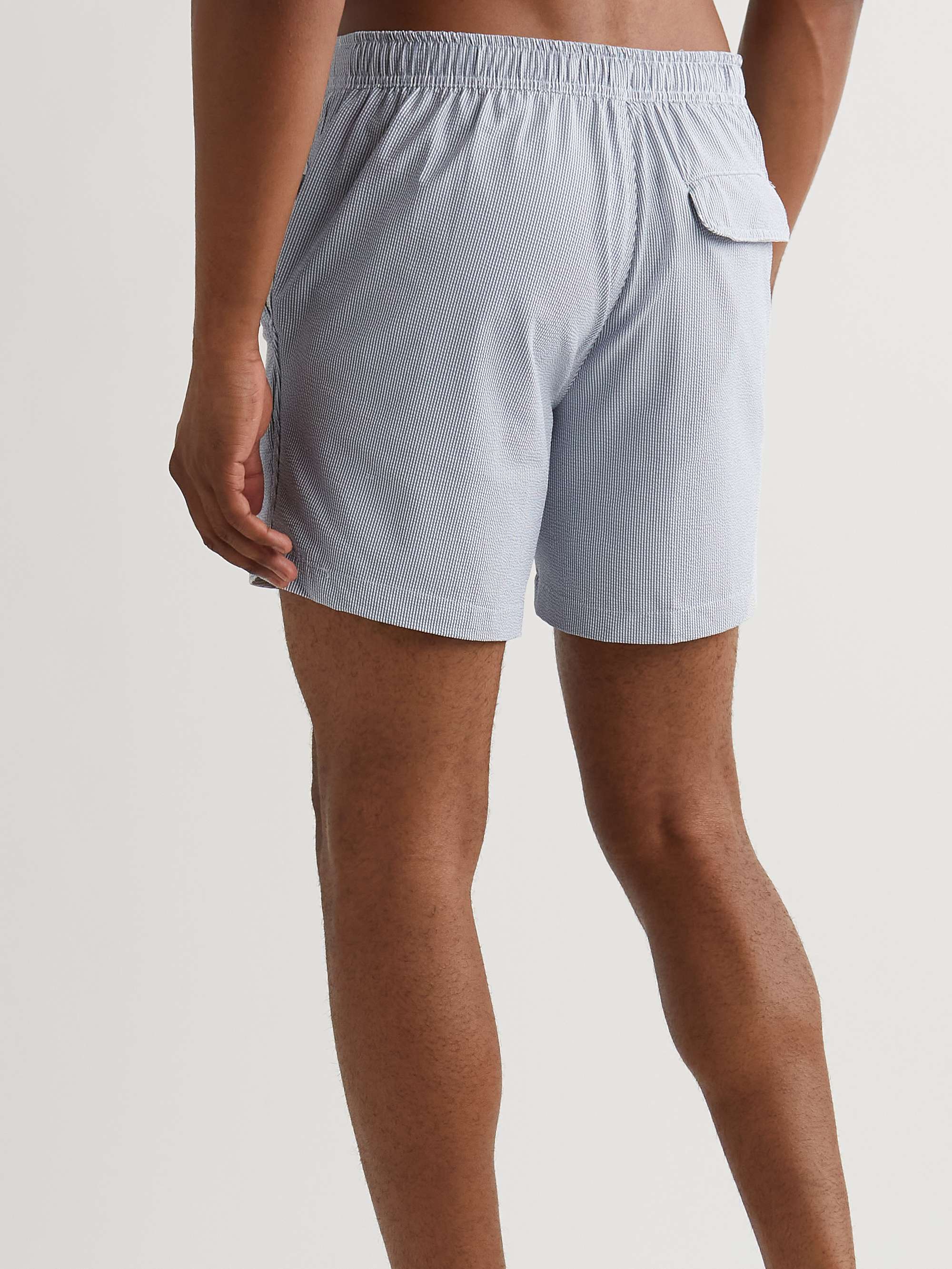 ONIA Calder Straight-Leg Mid-Length Striped Seersucker Swim Shorts
