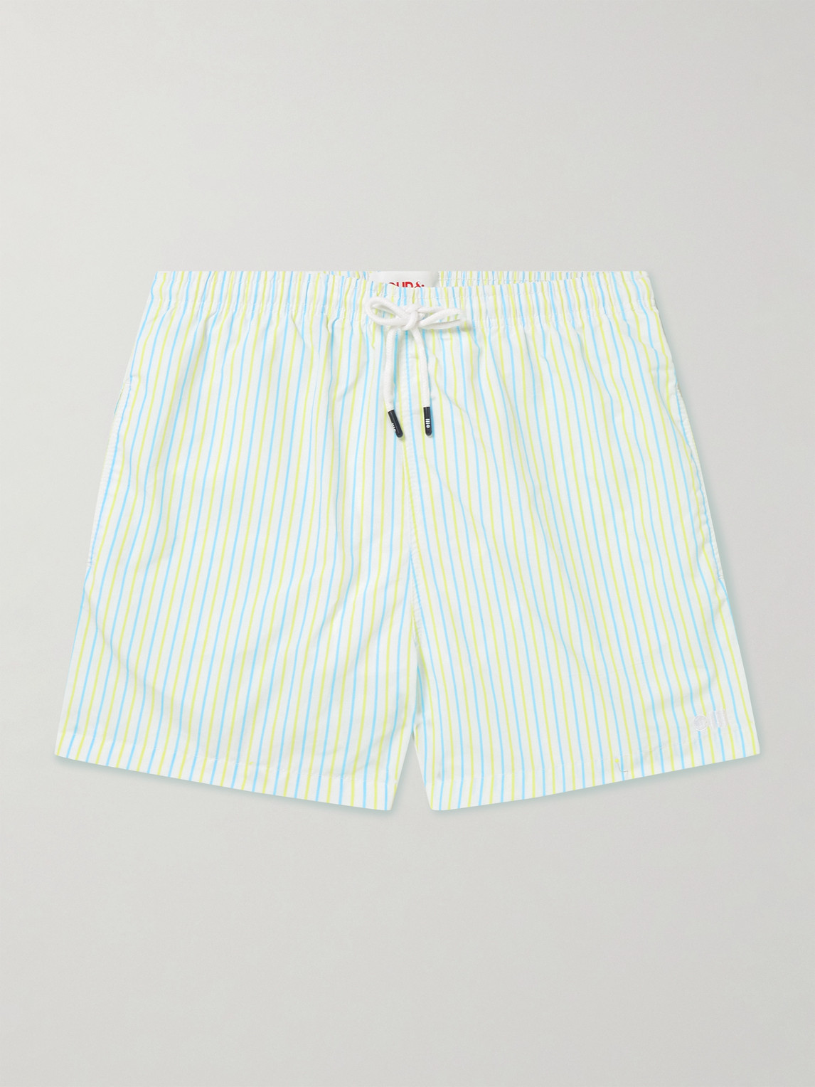 Solid & Striped The Classic Straight-leg Mid-length Striped Swim Shorts In Cerulean Blue X Pear Stripe