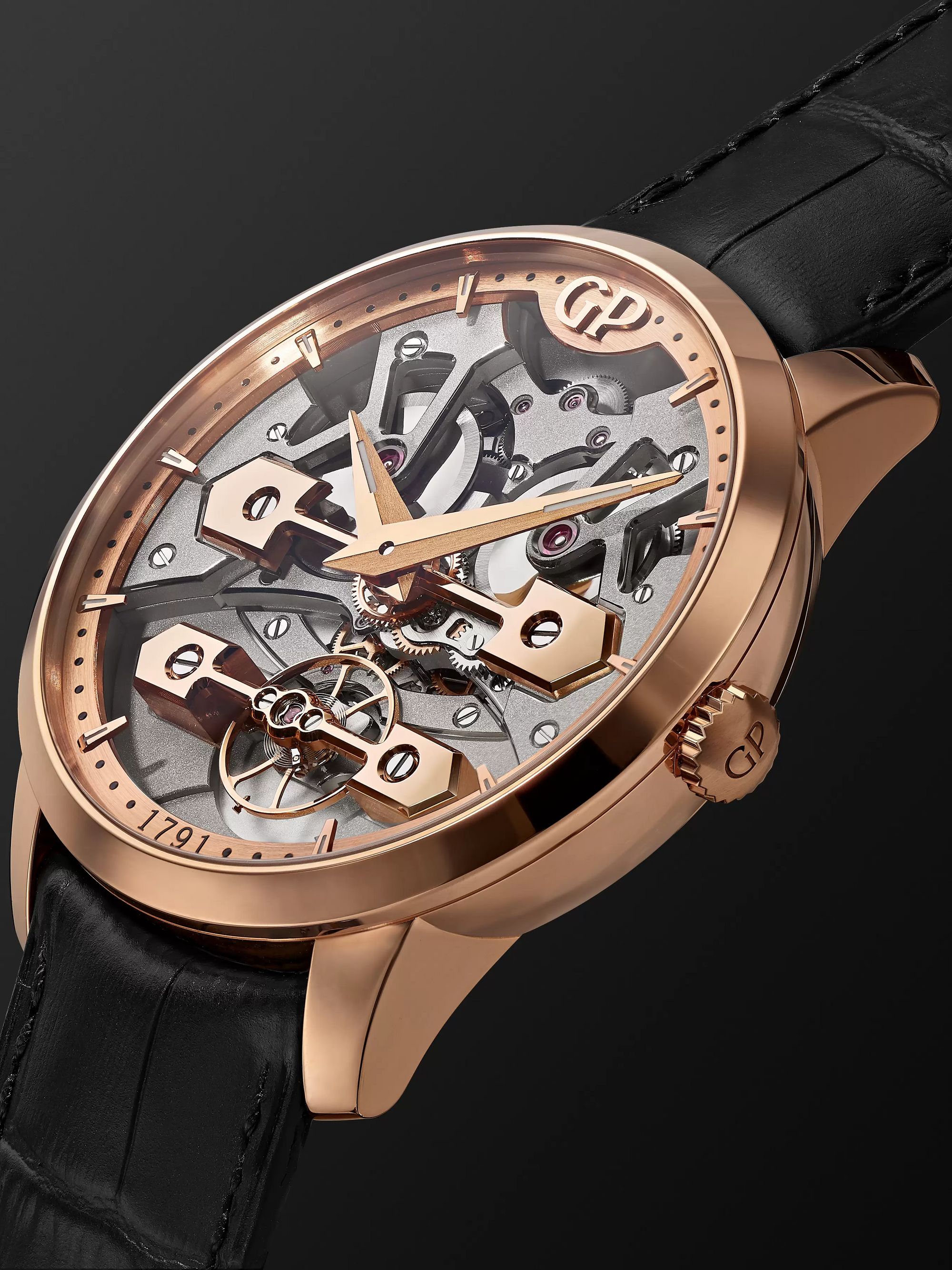 GIRARD-PERREGAUX Classic Bridges Automatic Skeleton 45mm Rose Gold and Alligator Watch, Ref. No. 86000-52-001-BB6A