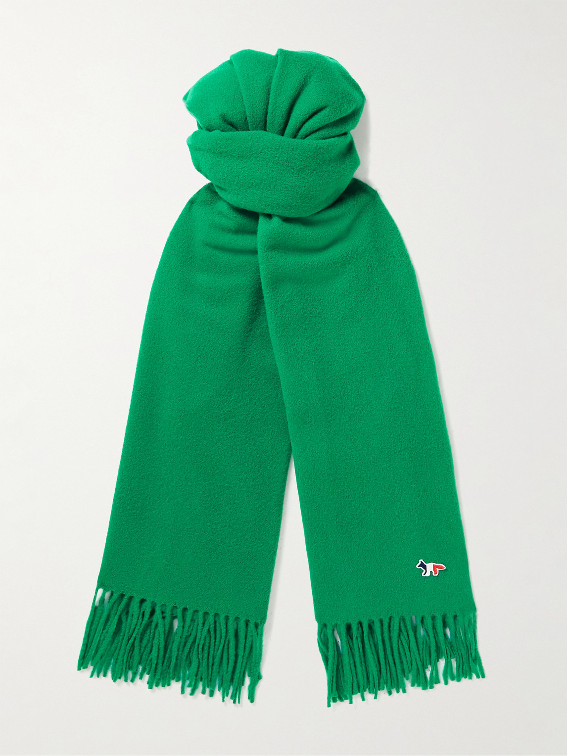 Maison Kitsuné Logo-appliquéd Fringed Virgin Wool Scarf In Green