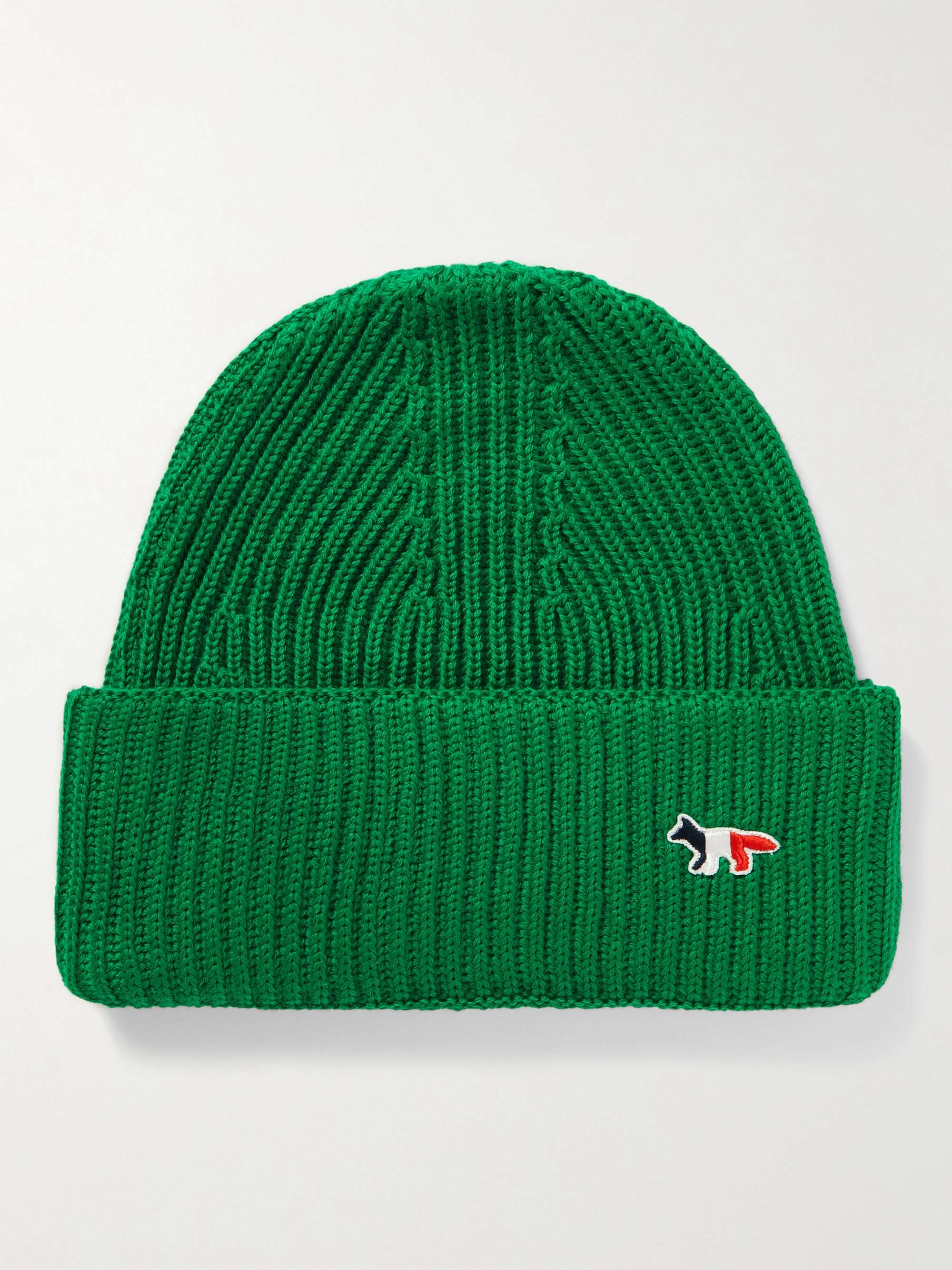 메종 키츠네 삼색 여우 비니 모자 MAISON KITSUNE Logo-Appliqued Ribbed Wool Beanie,Green