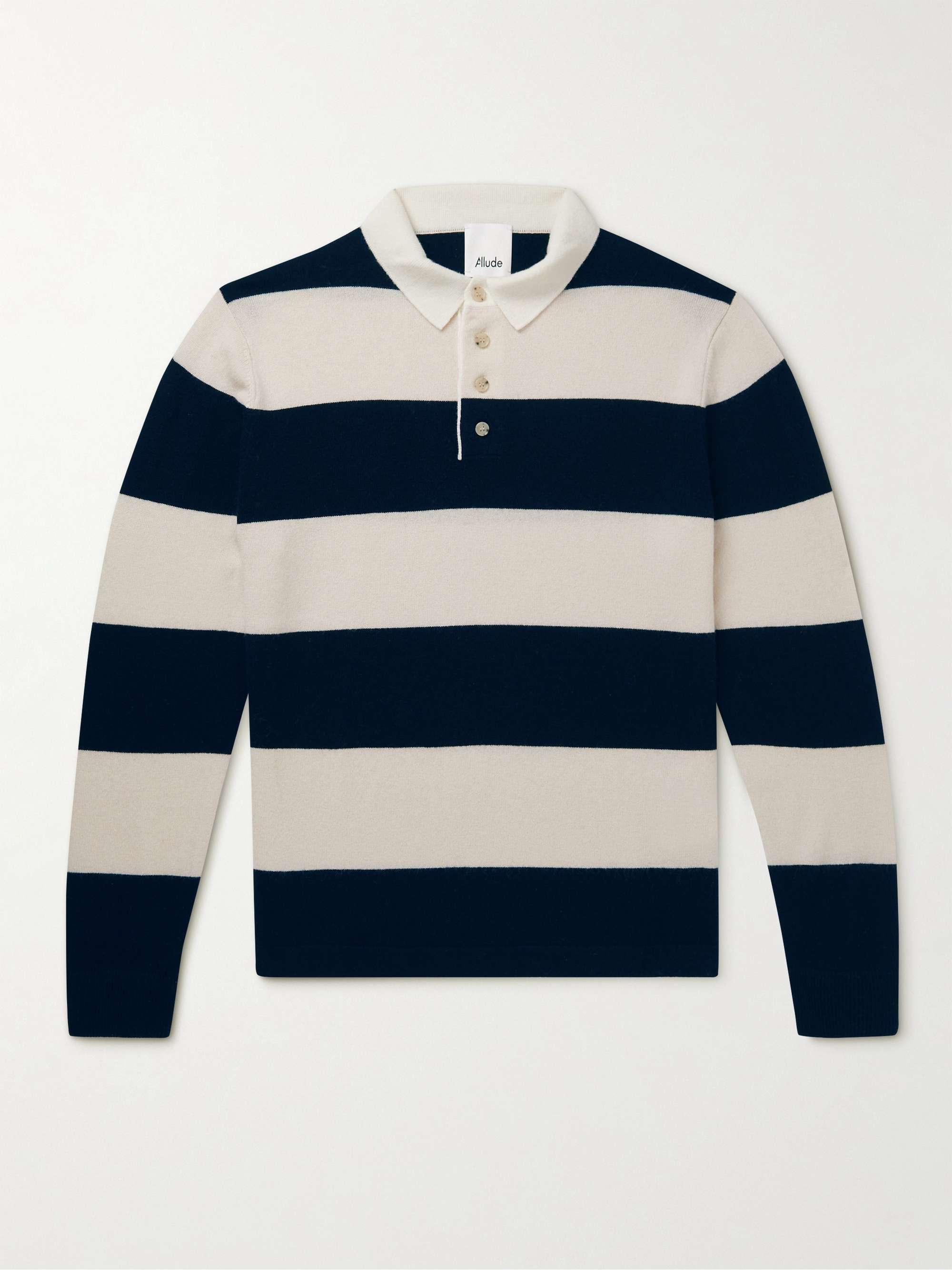 ALLUDE Striped Virgin Wool and Cashmere-Blend Polo Shirt