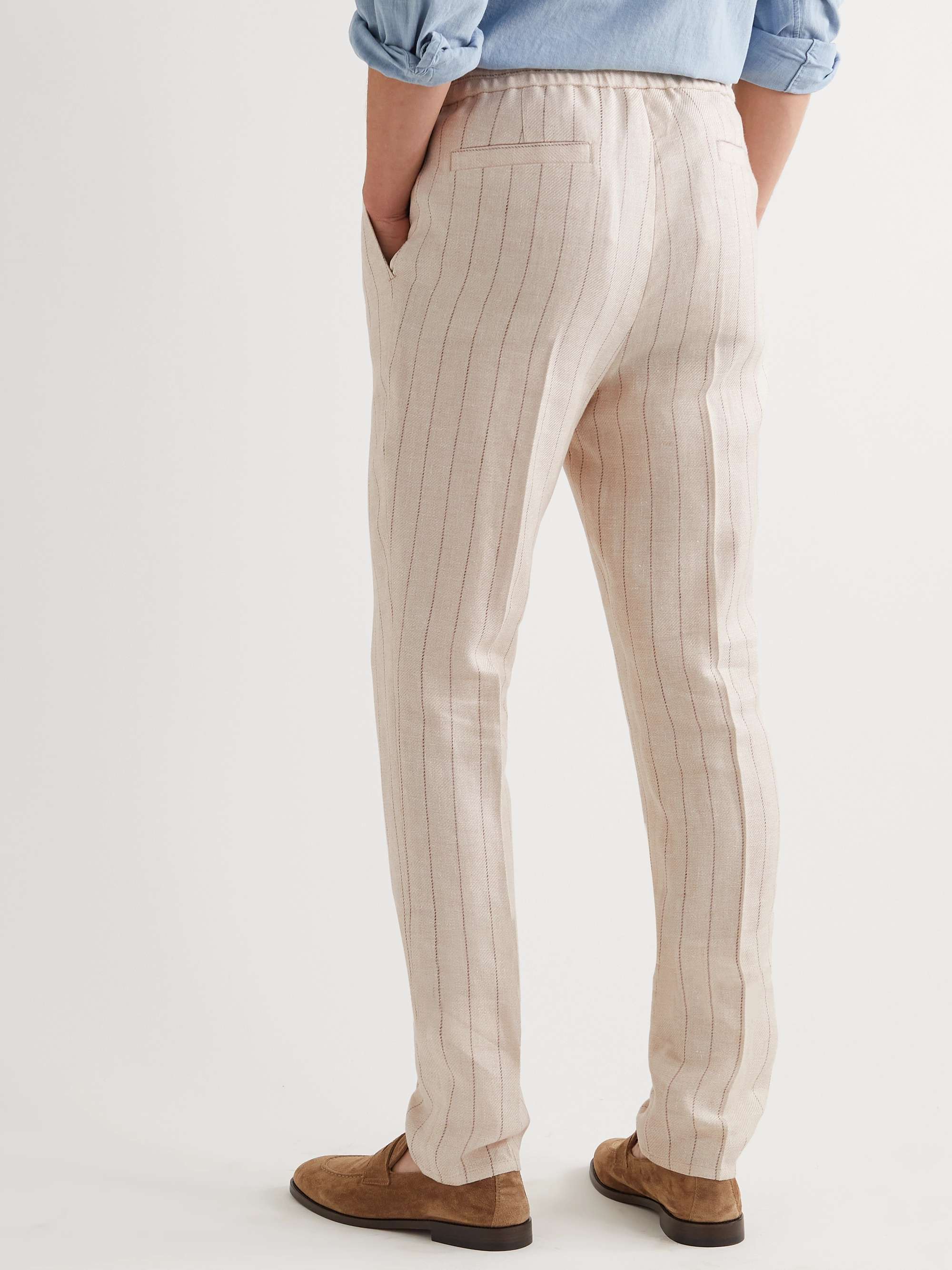 BRUNELLO CUCINELLI Straight-Leg Pleated Pinstriped Linen-Blend Drawstring Trousers
