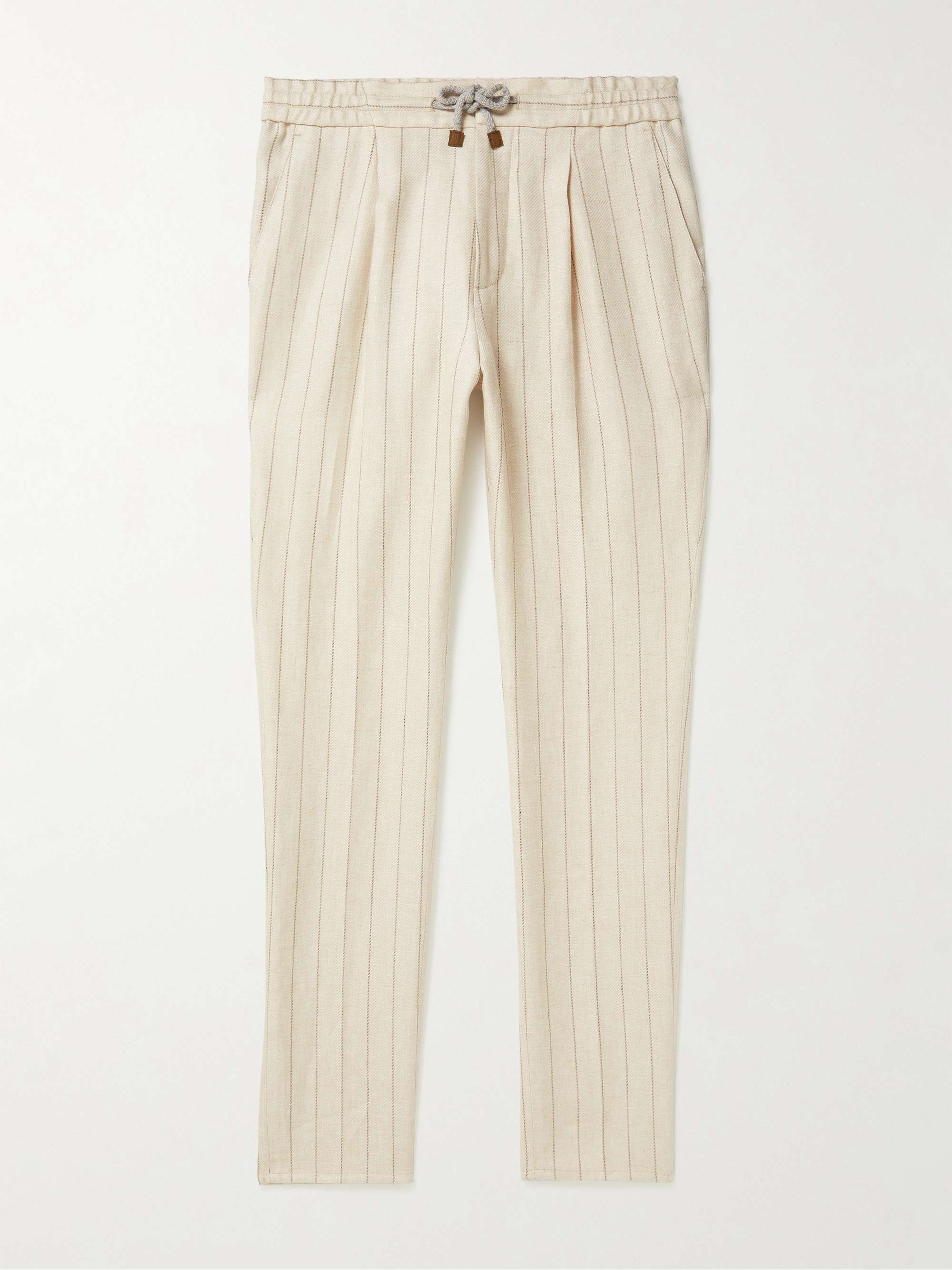 BRUNELLO CUCINELLI Straight-Leg Pleated Pinstriped Linen-Blend Drawstring Trousers