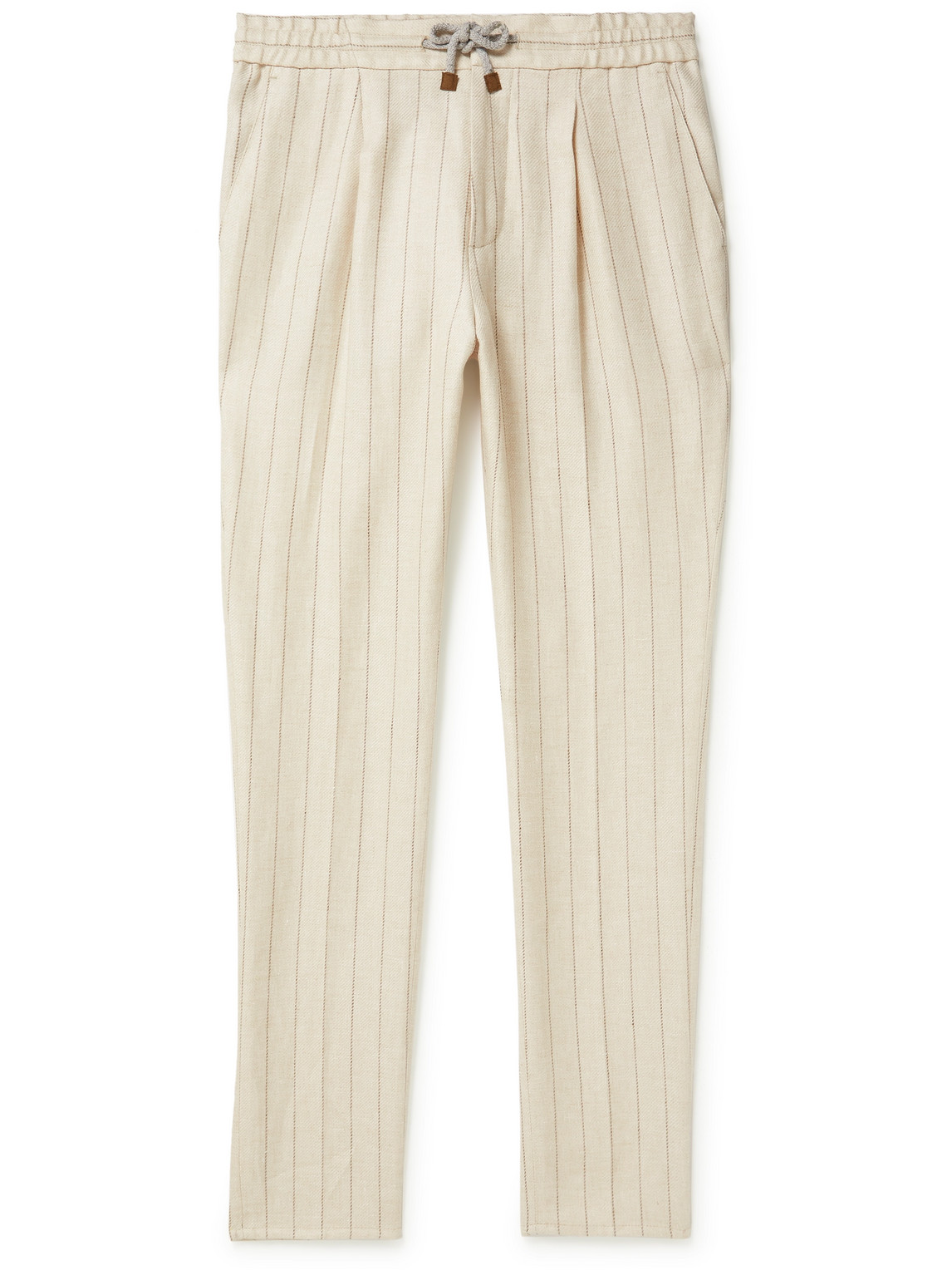 Brunello Cucinelli Straight-Leg Pleated Pinstriped Linen-Blend Drawstring Trousers