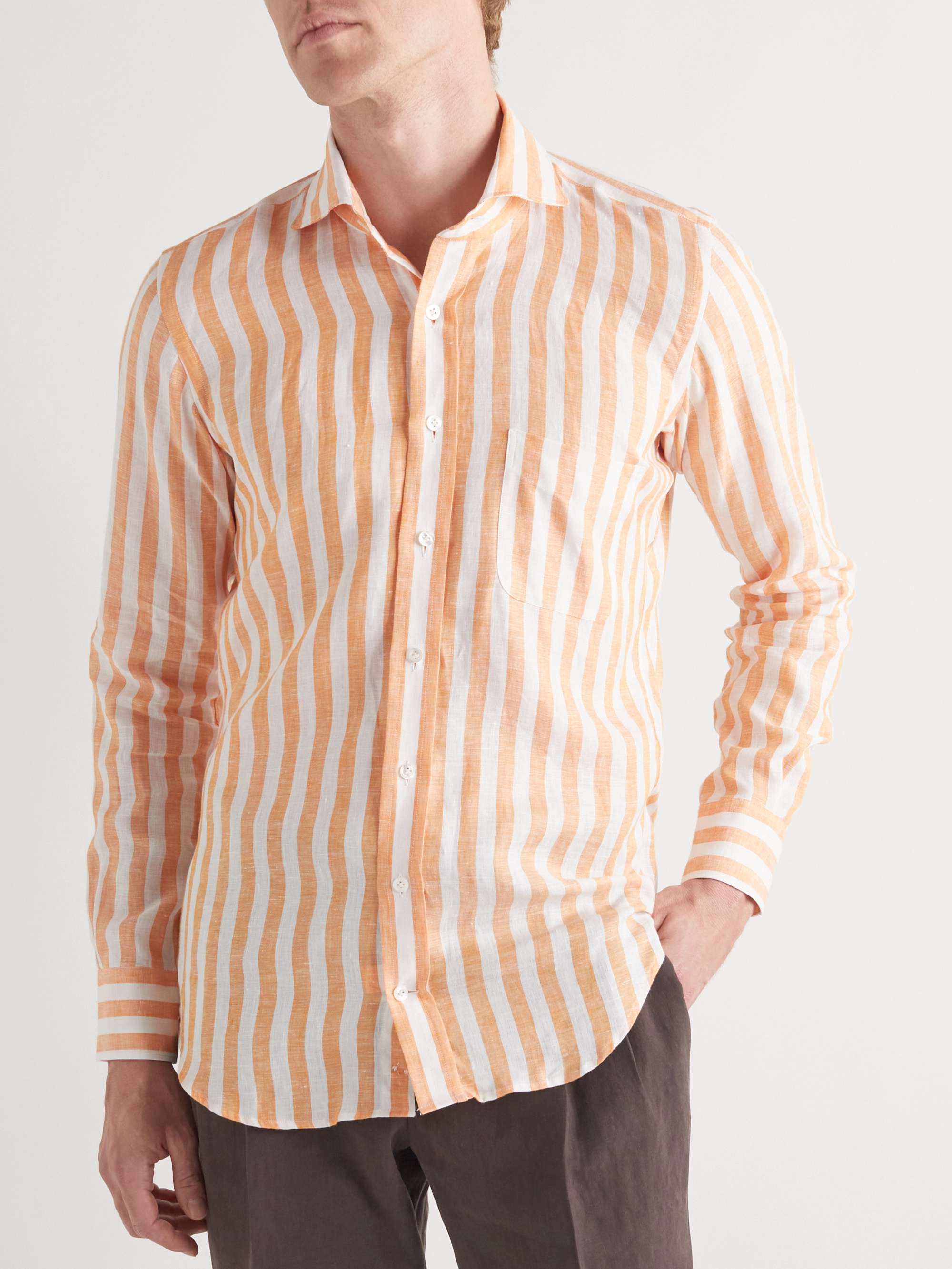 THOM SWEENEY Slim-Fit Cutaway-Collar Striped Linen Shirt