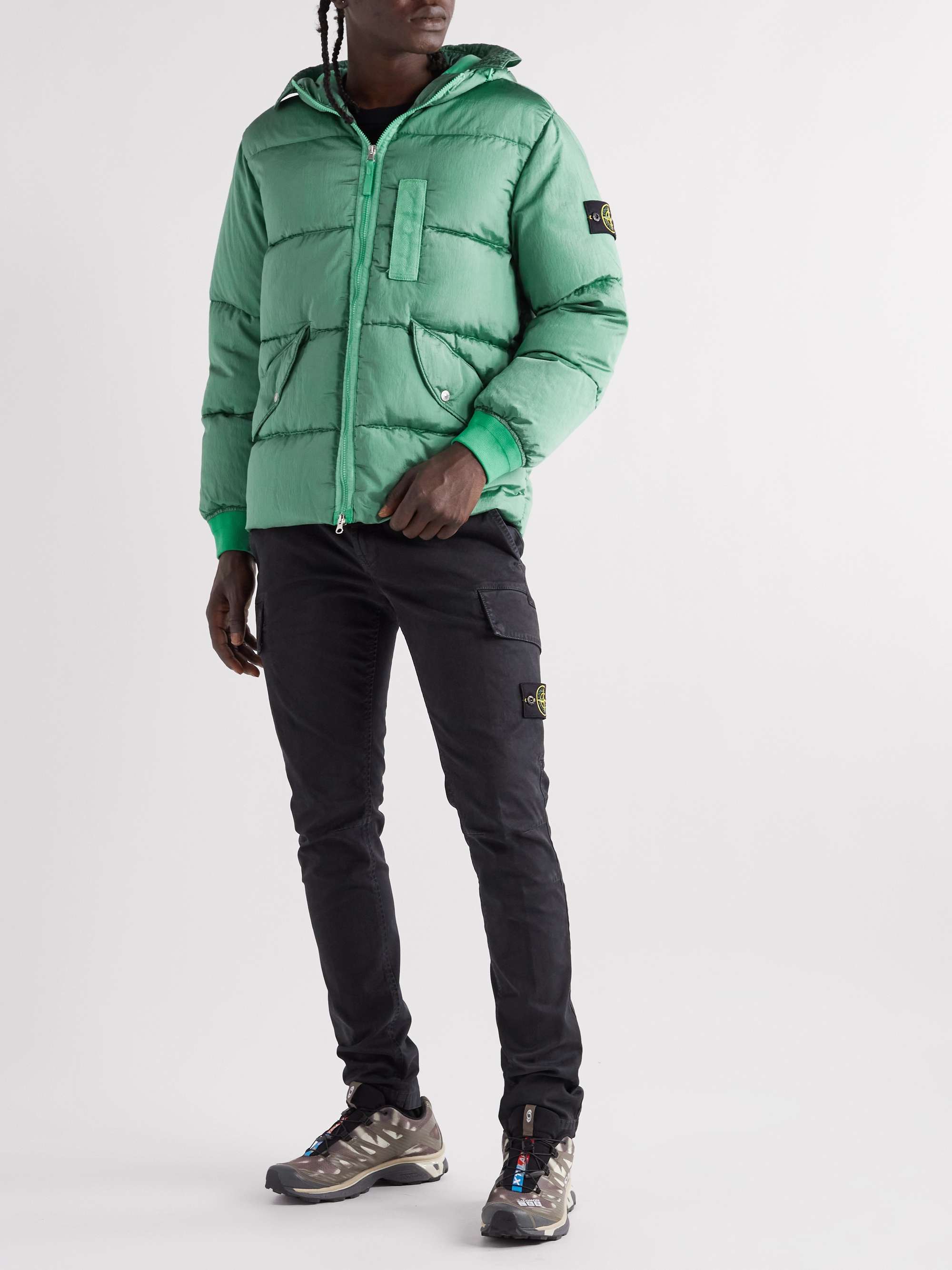 STONE ISLAND Logo-Appliquéd Quilted Crinkled-Shell Hooded Down Jacket