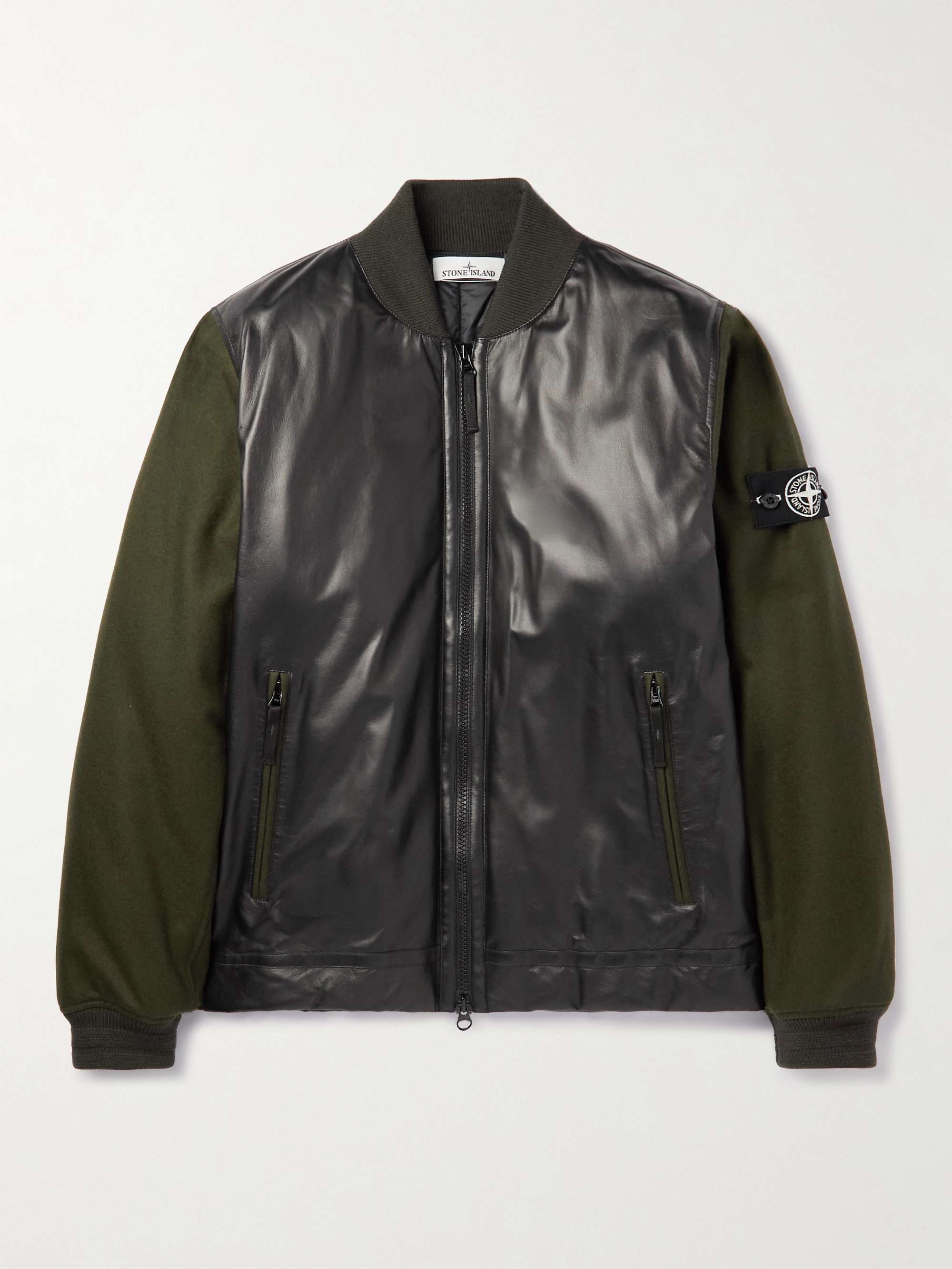STONE ISLAND Logo-Print PrimaLoft Leather and Wool-Blend Bomber Jacket
