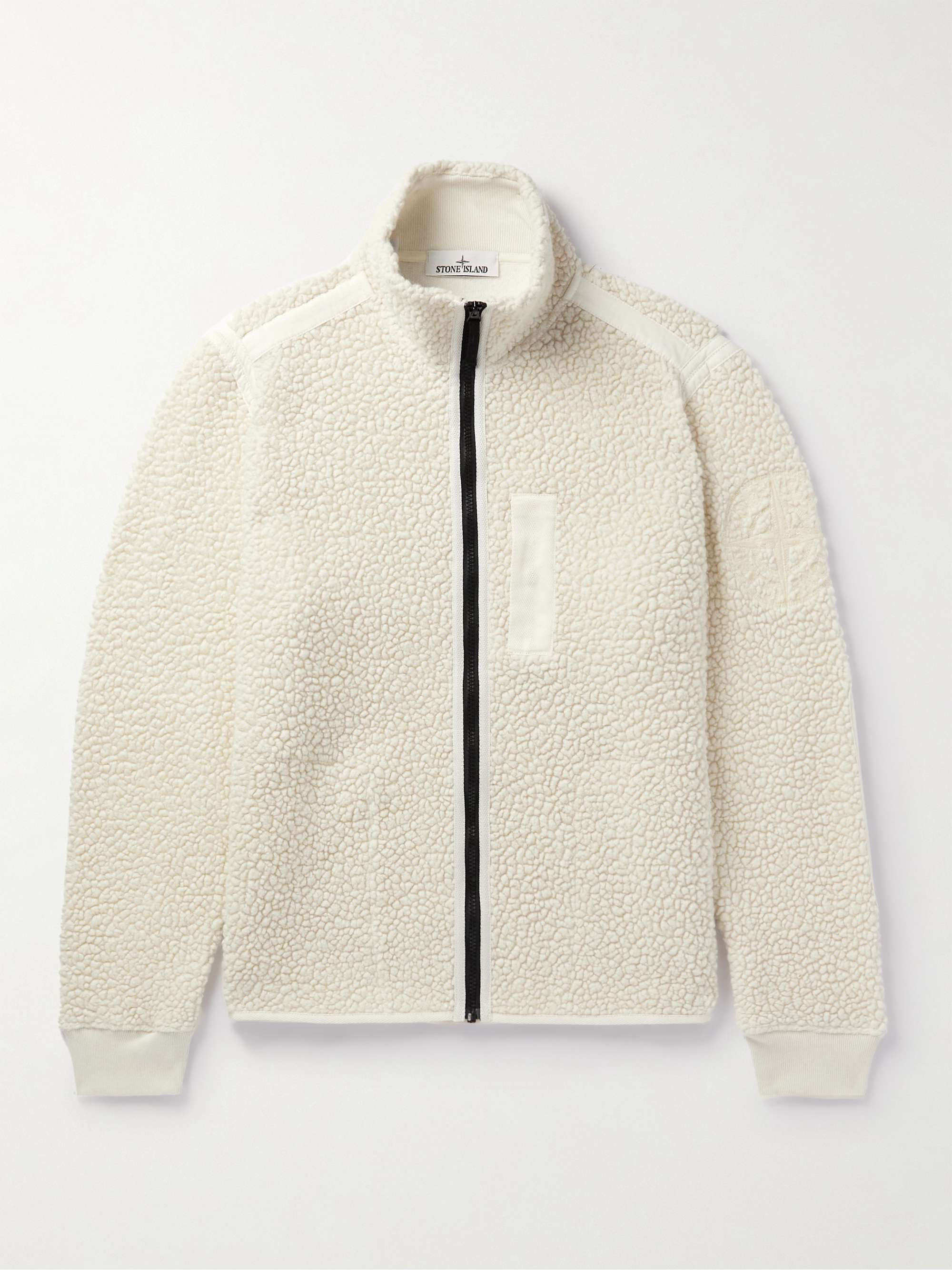 STONE ISLAND Logo-Embroidered Cotton Poplin-Panelled Wool-Blend Fleece Jacket