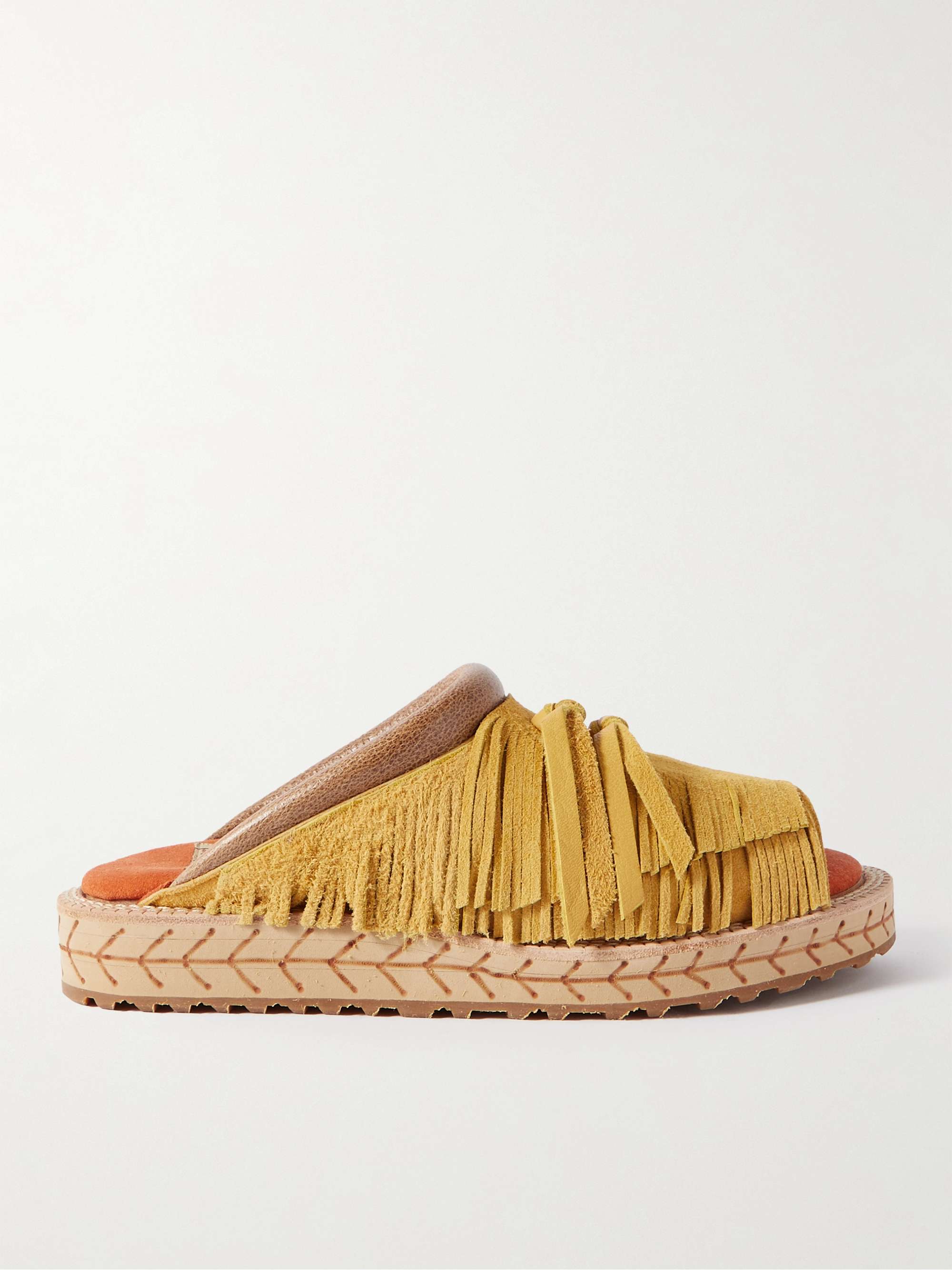 KAPITAL Fringed Leather-Trimmed Suede Sandals