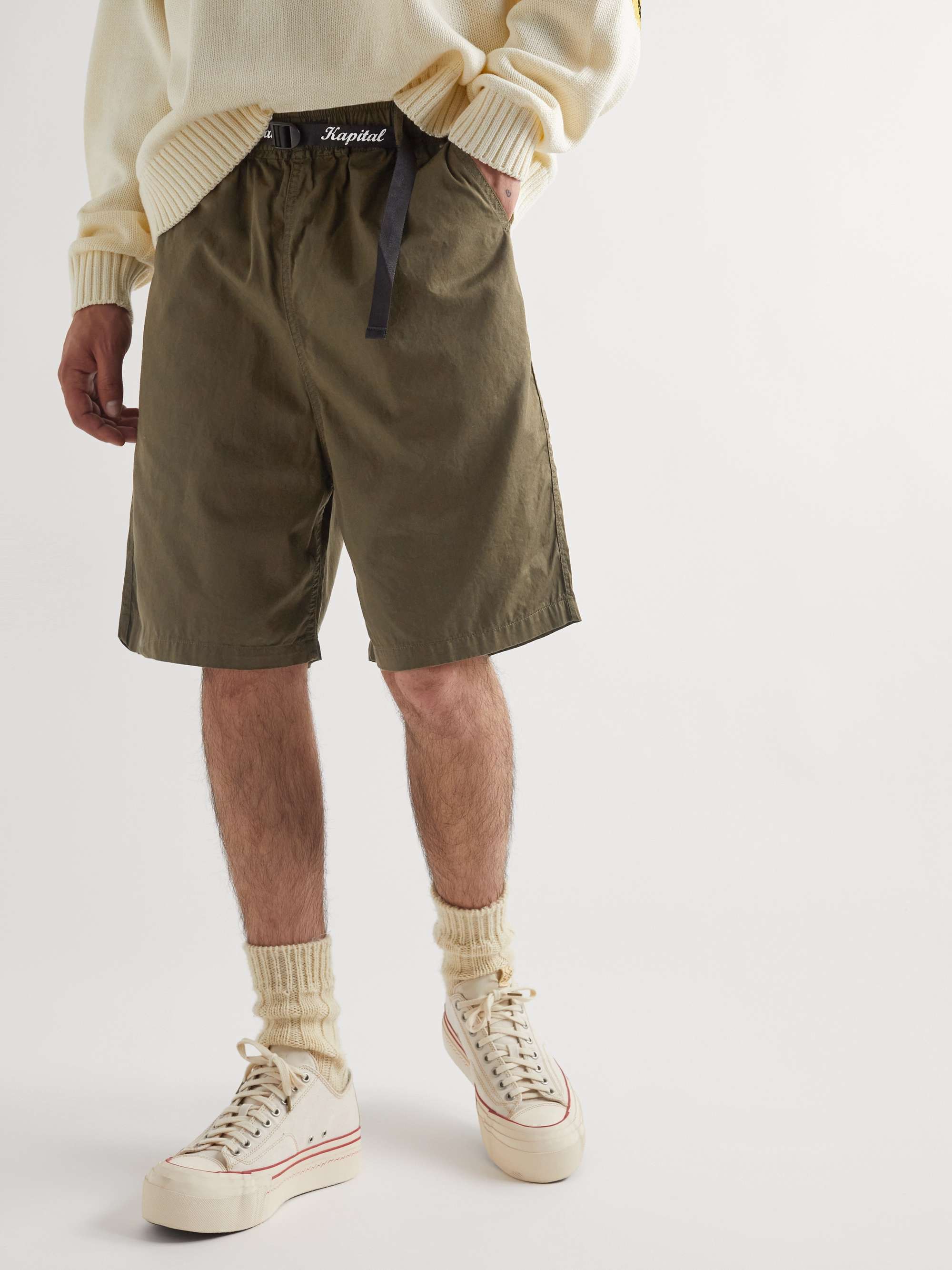 KAPITAL Wide-Leg Belted Logo-Print Cotton-Twill Bermuda Shorts