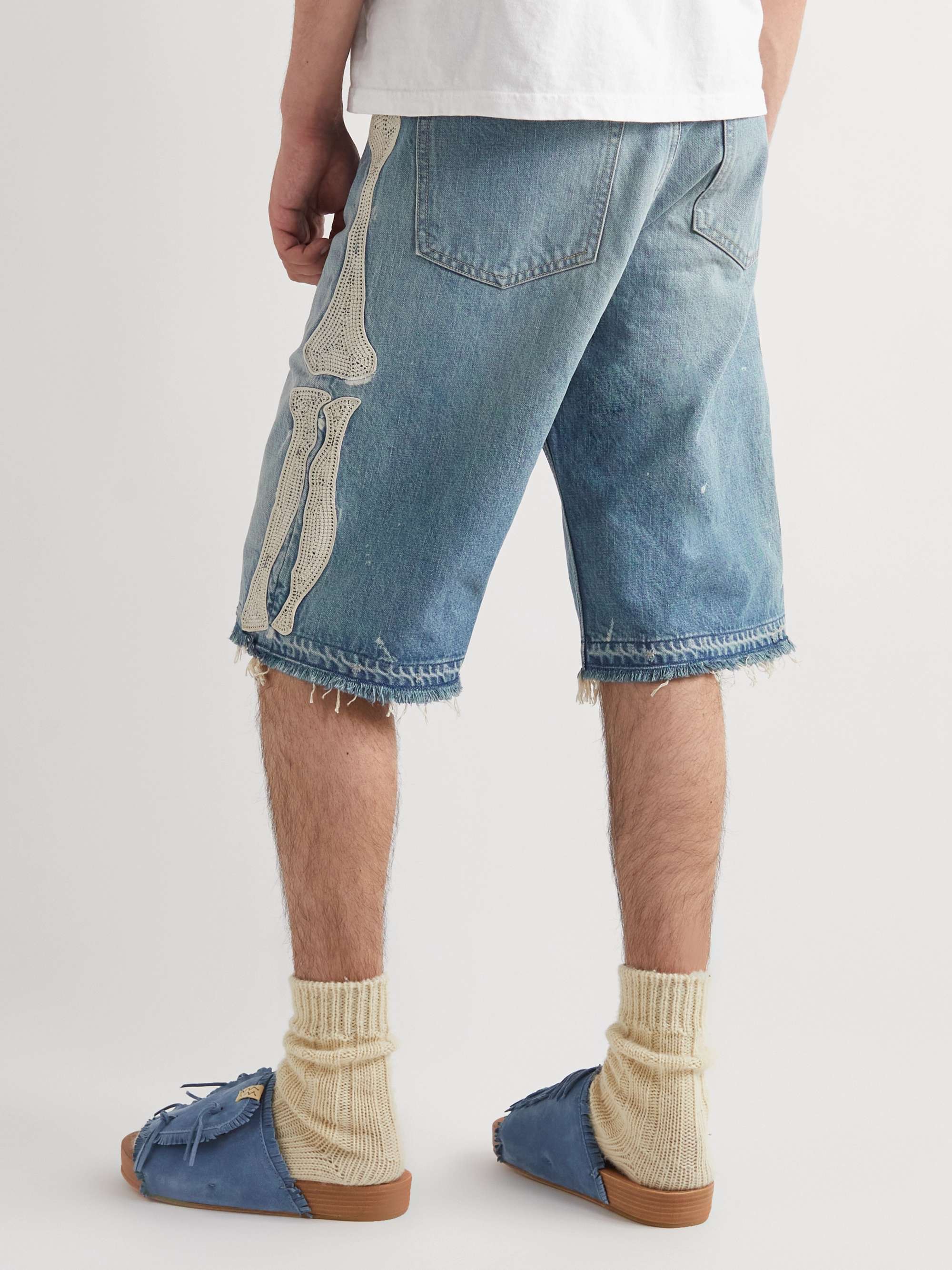 KAPITAL Wide-Leg Distressed Appliquéd Denim Shorts