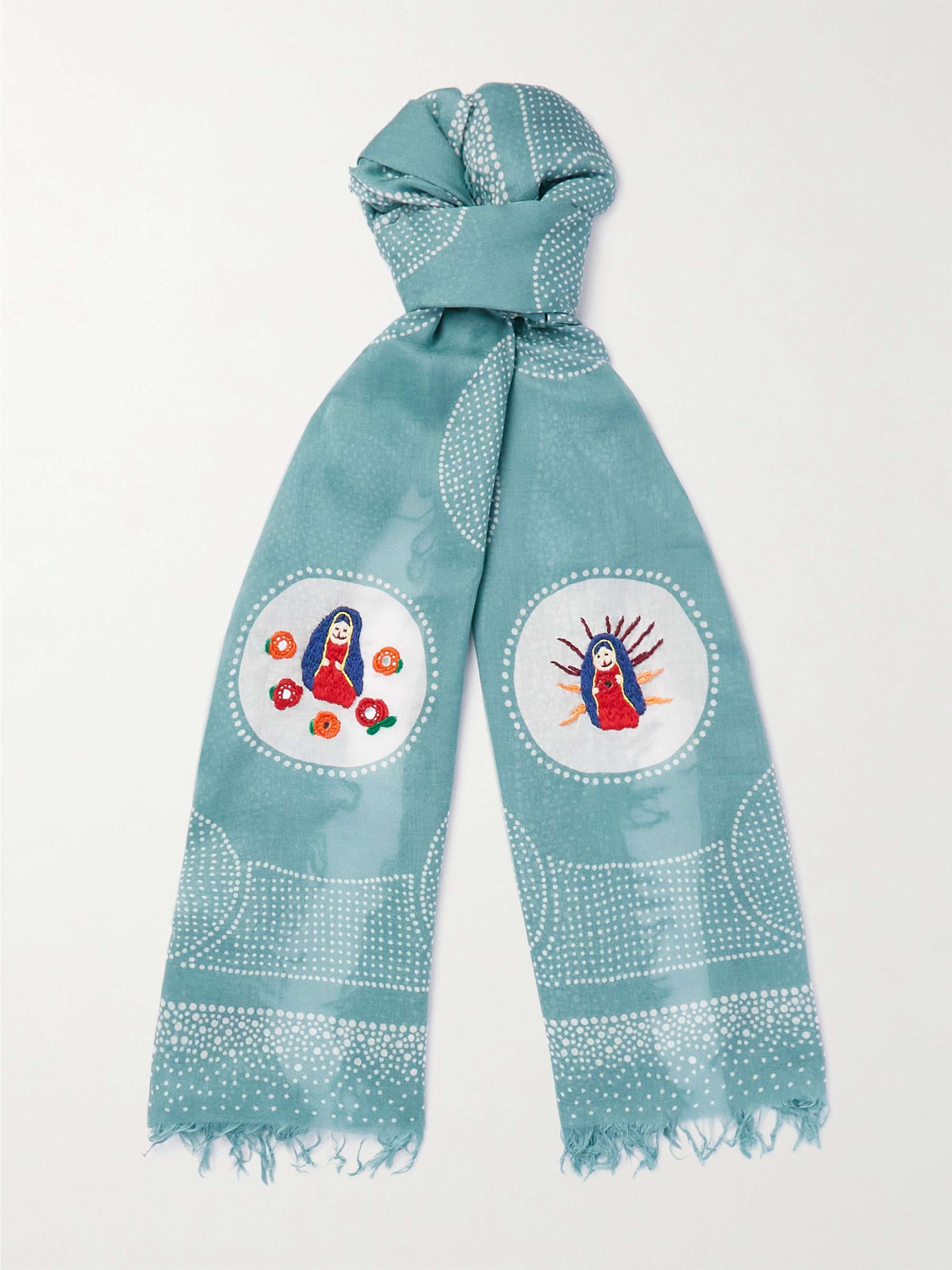 KAPITAL Embroidered Fringed Printed Voile Scarf
