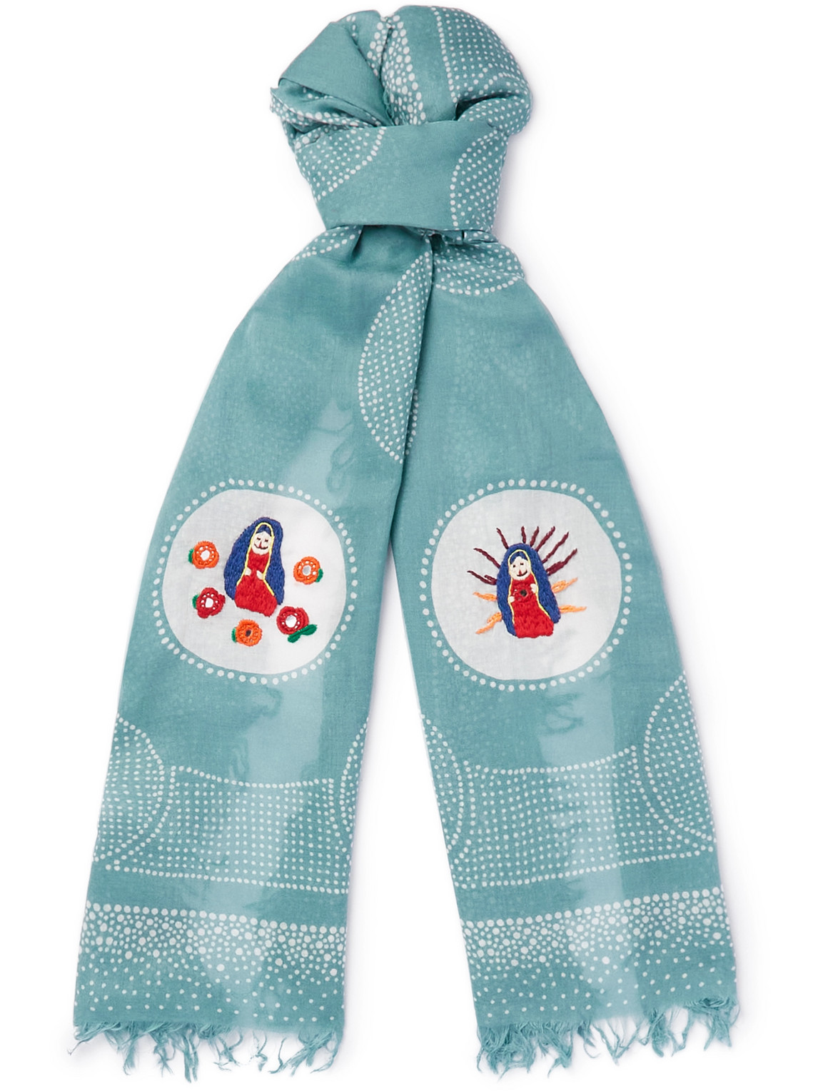 Kapital Embroidered Fringed Printed Voile Scarf In Blue