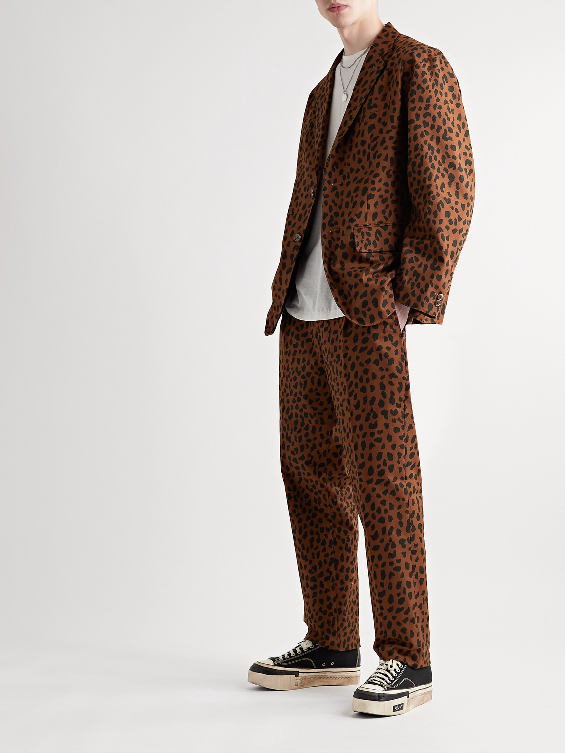 Tapered Pleated Leopard-Print Cotton-Twill Suit Trousers