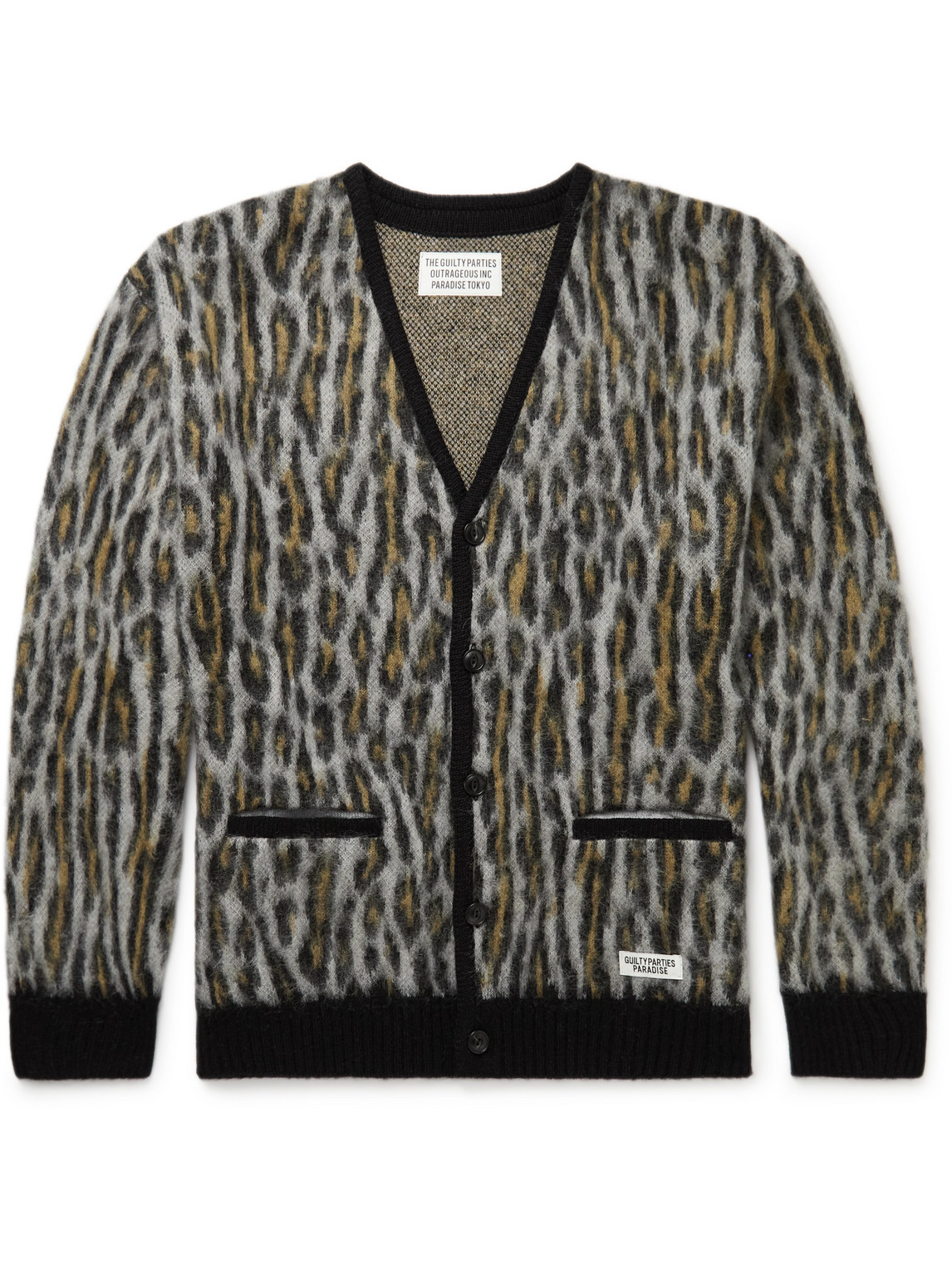 Wacko Maria Leopard-jacquard Knitted Cardigan In Grey