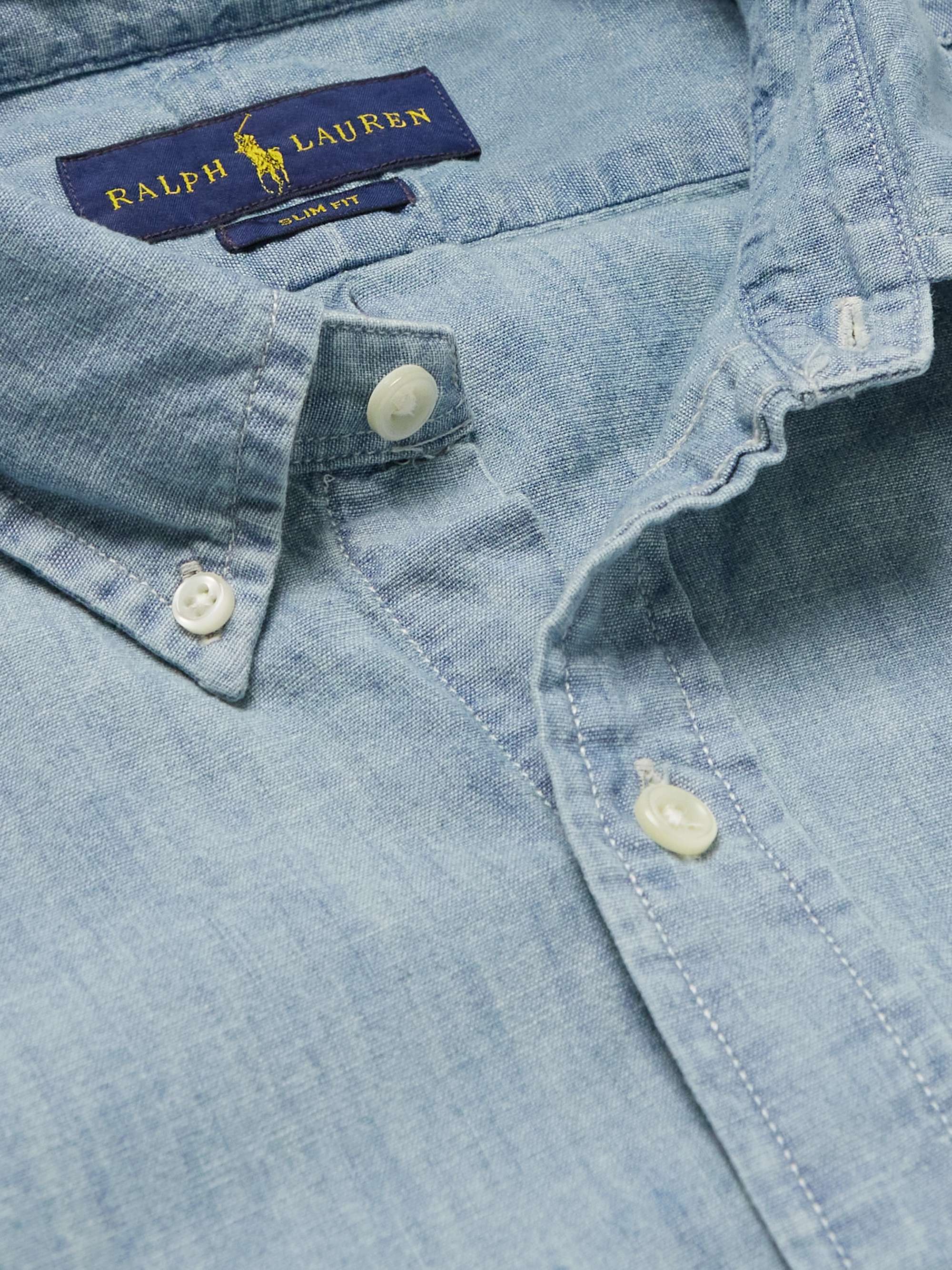 POLO RALPH LAUREN Slim-Fit Button-Down Collar Logo-Embroidered Cotton-Chambray Shirt