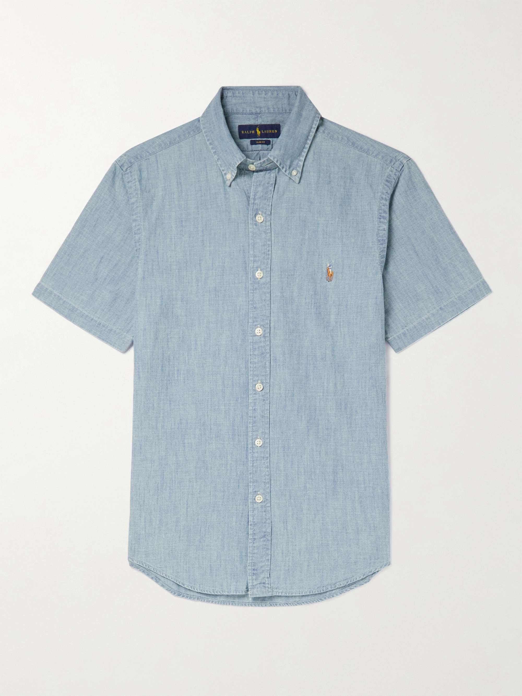 POLO RALPH LAUREN Slim-Fit Button-Down Collar Logo-Embroidered Cotton-Chambray Shirt