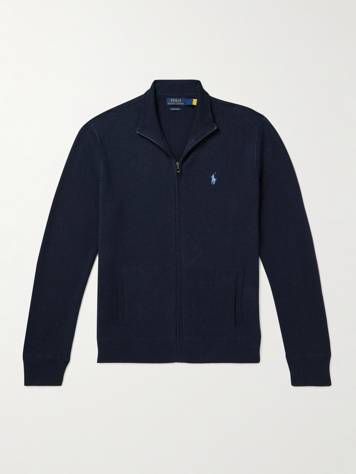 POLO RALPH LAUREN LOGO-EMBROIDERED WAFFLE-KNIT COTTON ZIP-UP CARDIGAN