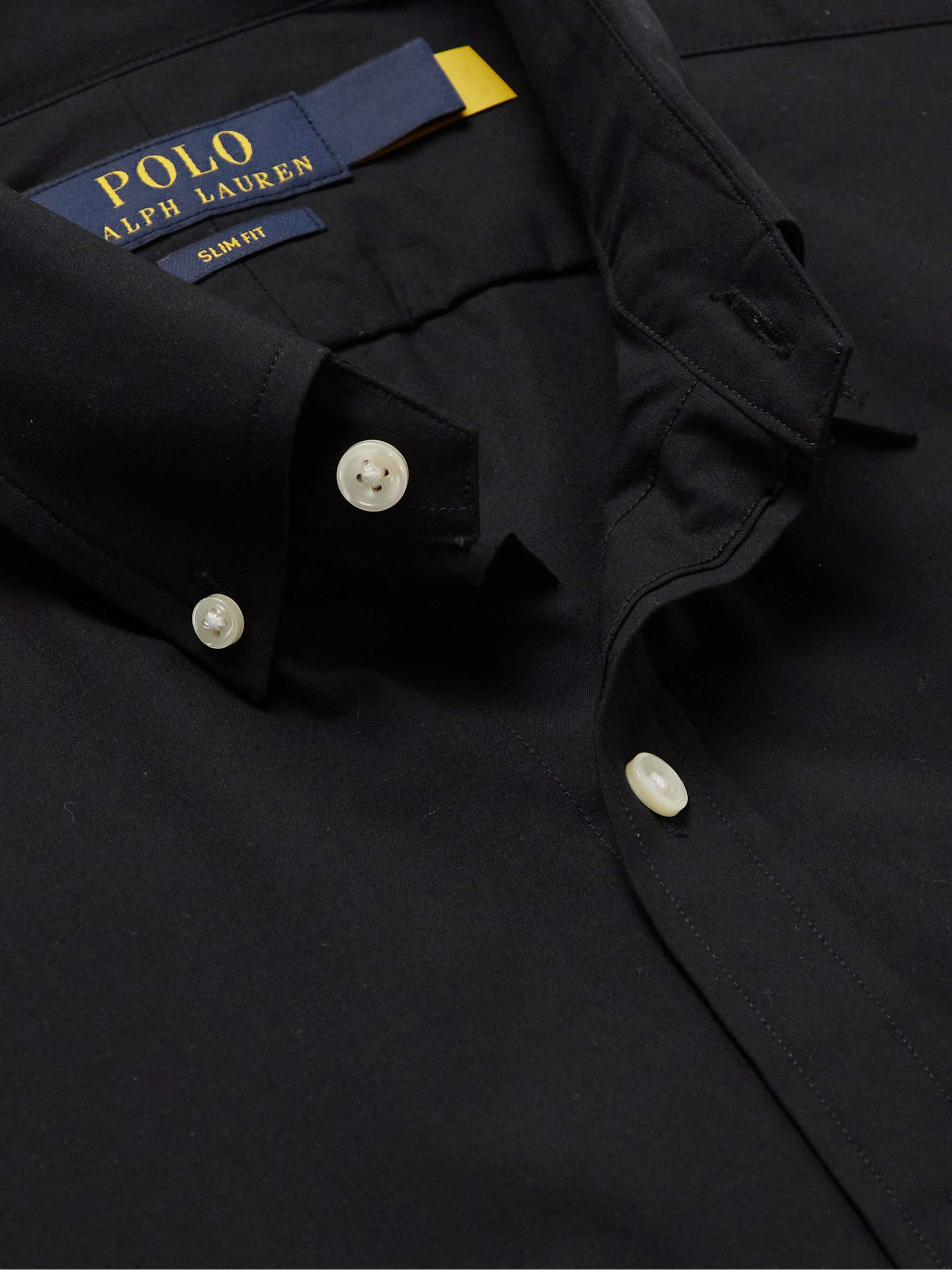 Black Slim-Fit Button-Down Collar Logo-Embroidered Cotton-Blend 