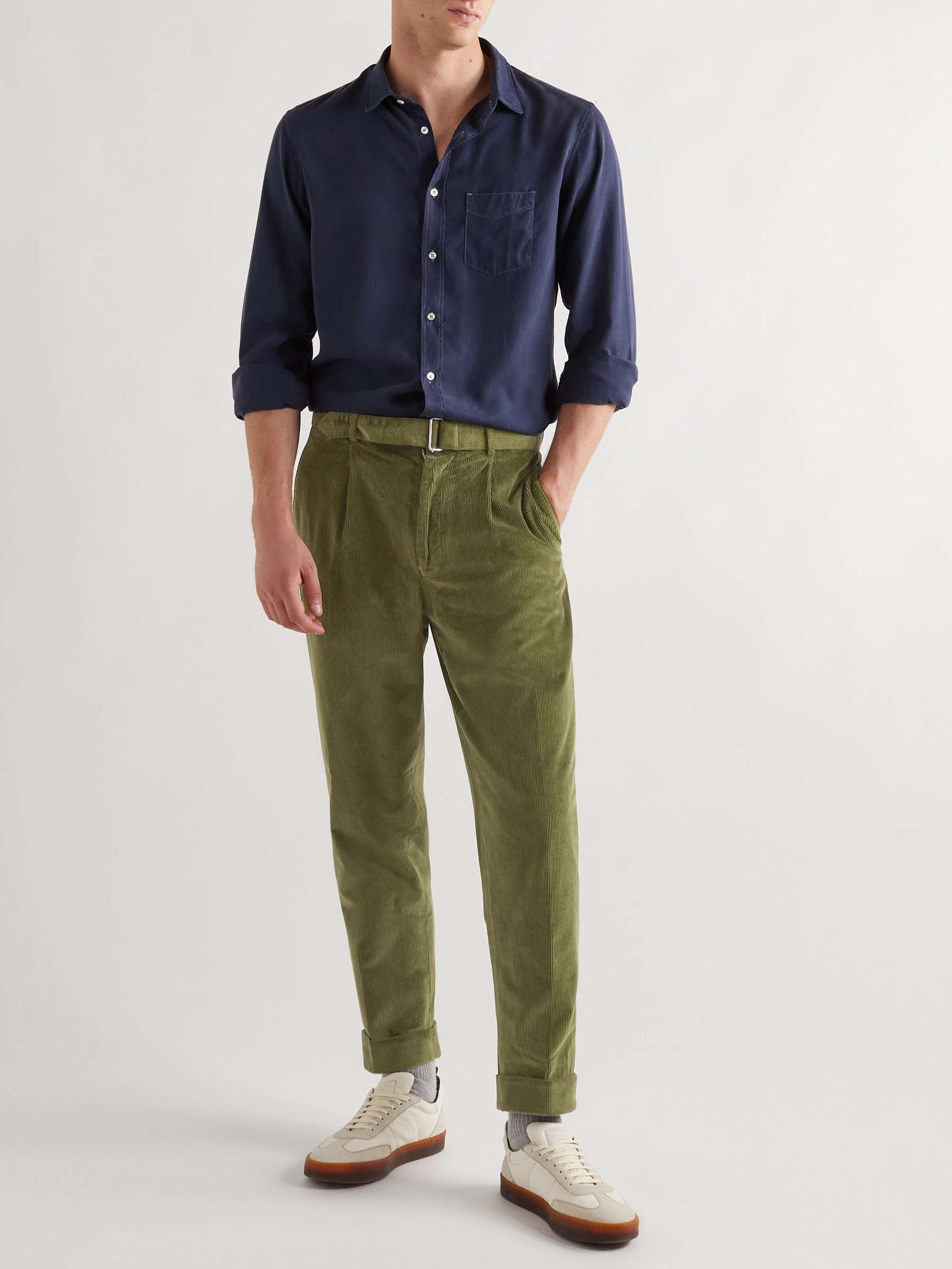 OFFICINE GÉNÉRALE Hugo Tapered Belted Pleated Cotton and Modal-Blend Corduroy Trousers