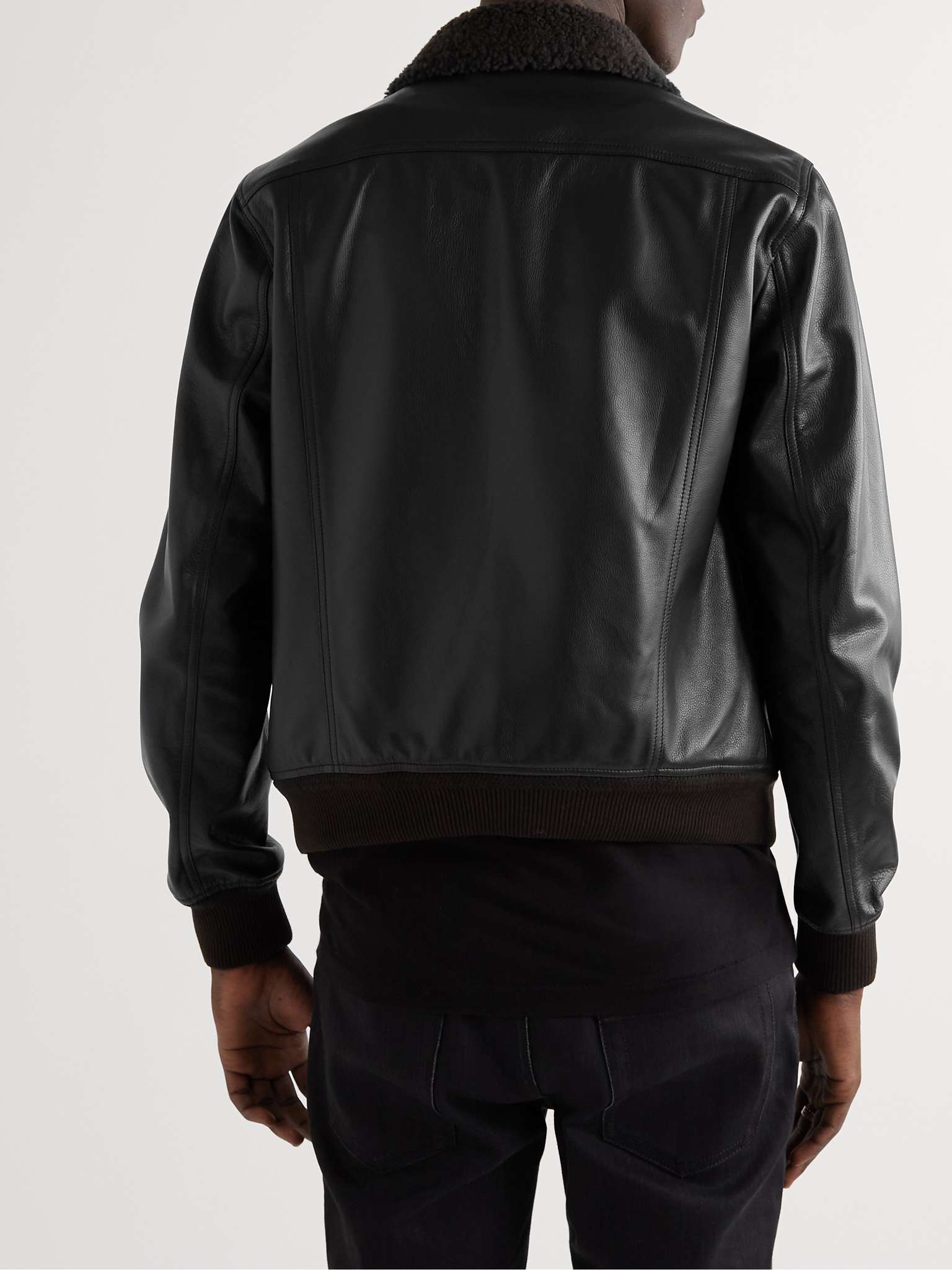 Black Slim-Fit Shearling-Trimmed Full-Grain Leather Flight Jacket | TOM ...