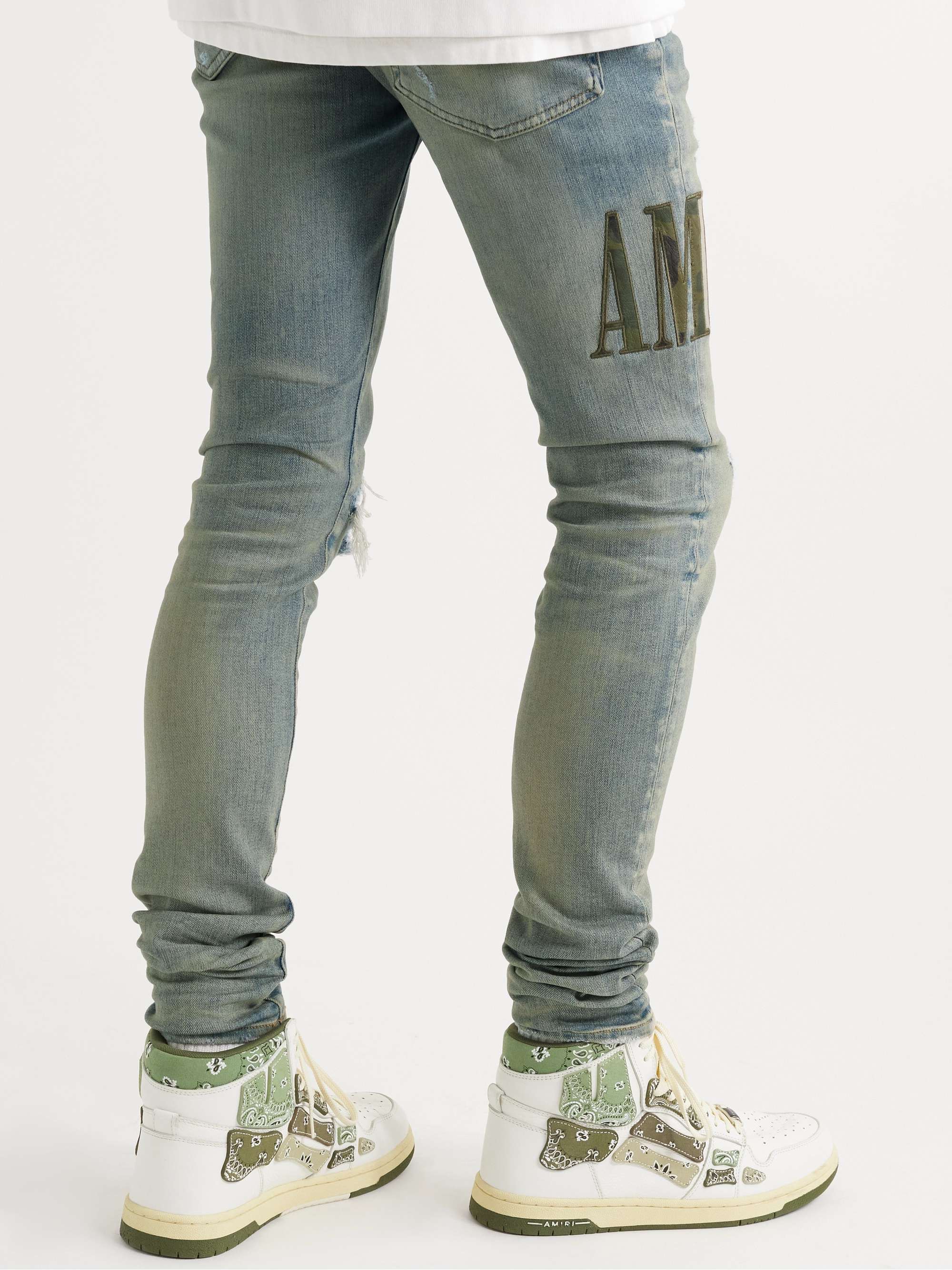 AMIRI Skinny-Fit Leather-Trimmed Distressed Jeans
