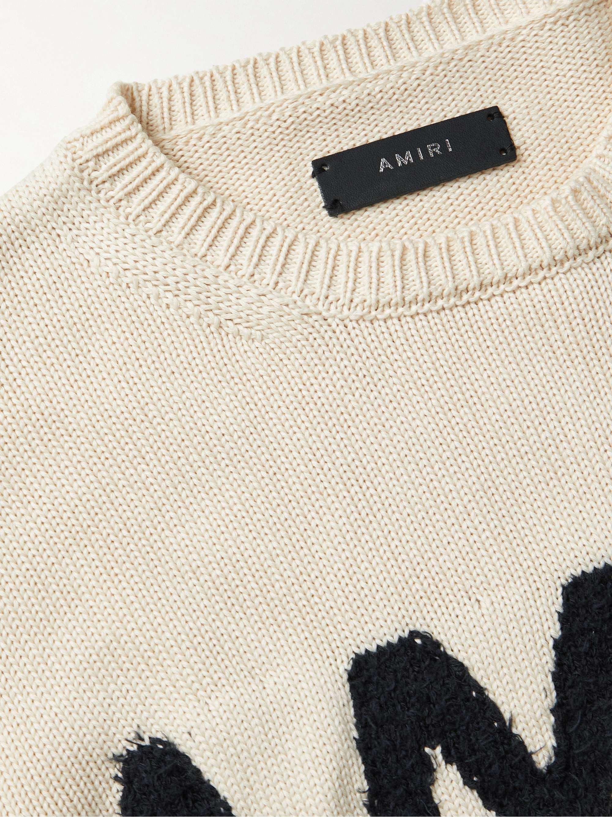 AMIRI Distressed Logo-Intarsia Cotton and Cashmere-Blend Sweater