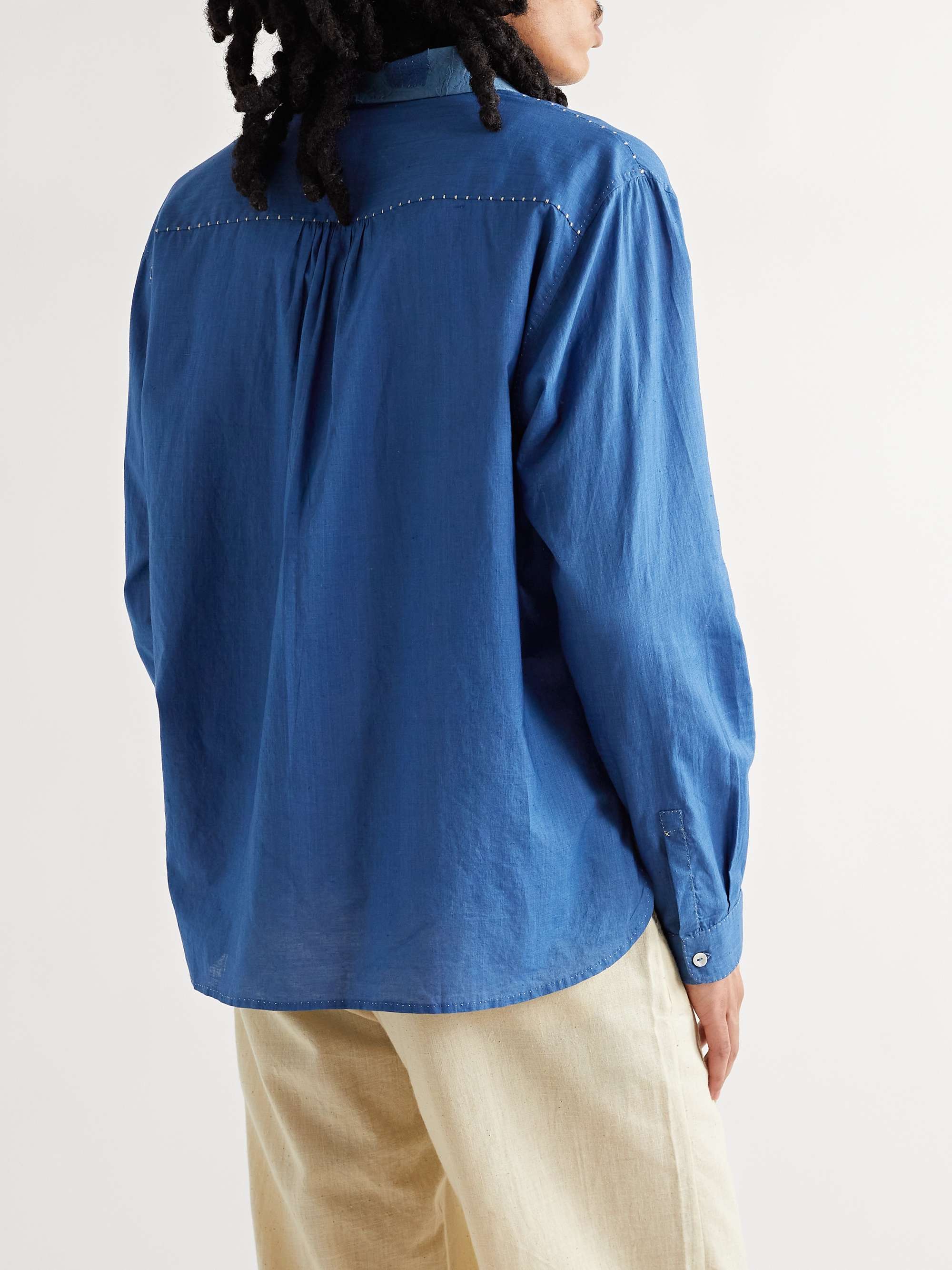 11.11/ELEVEN ELEVEN Embroidered Indigo-Dyed Slub Cotton-Voile Shirt