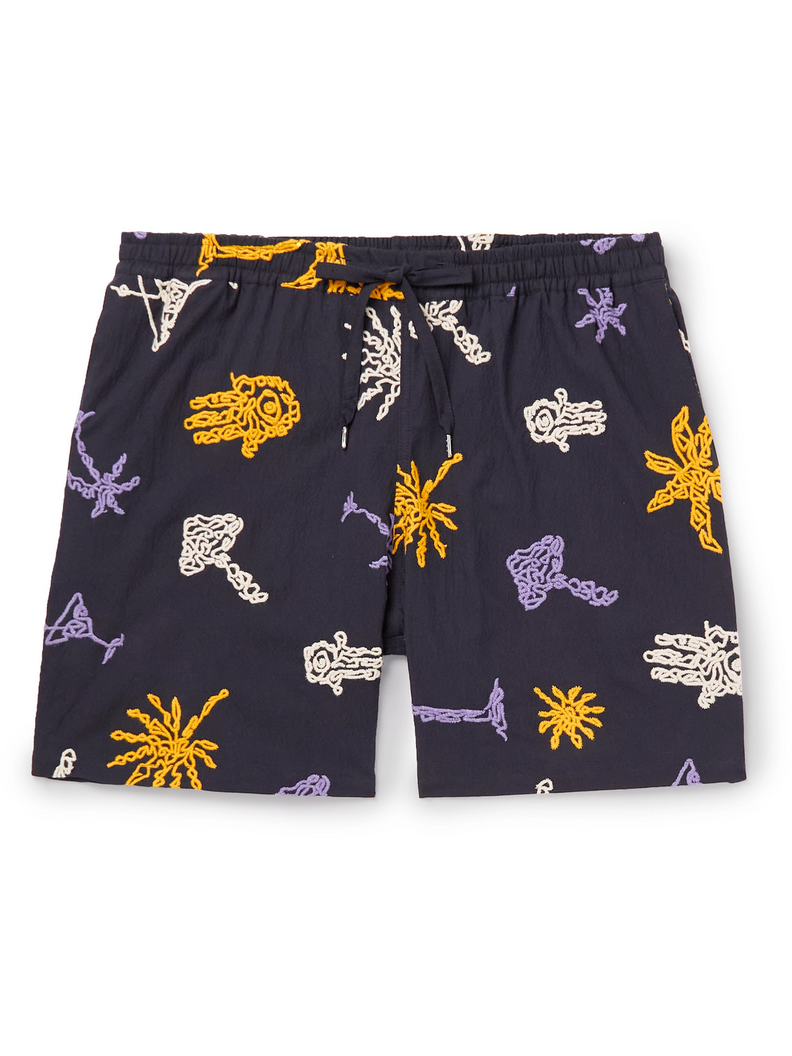 A Kind Of Guise Volta Straight-leg Embroidered Cotton-blend Seersucker Drawstring Shorts In Blue