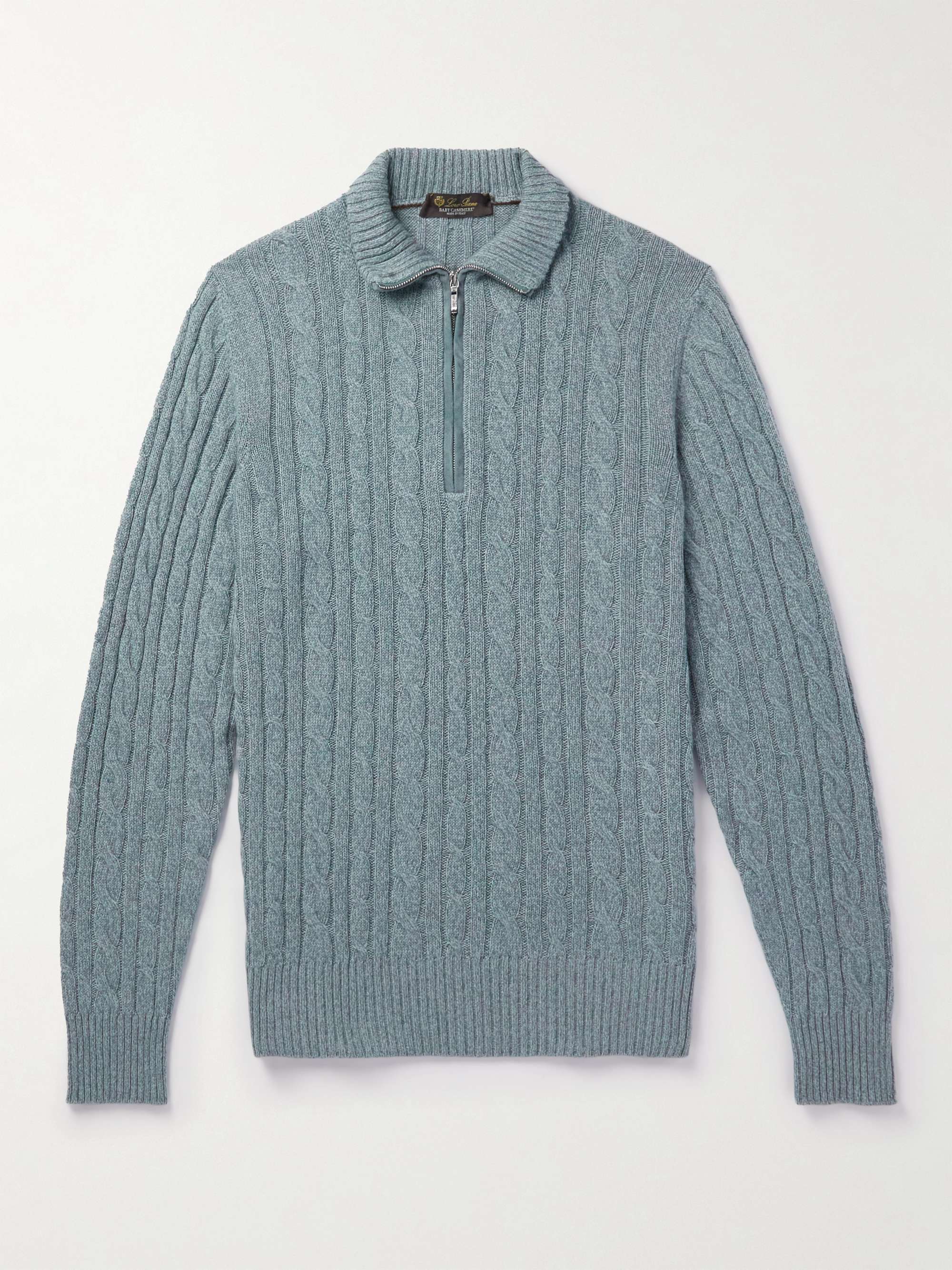 LORO PIANA Suede-Trimmed Cable-Knit Baby Cashmere Half-Zip Sweater