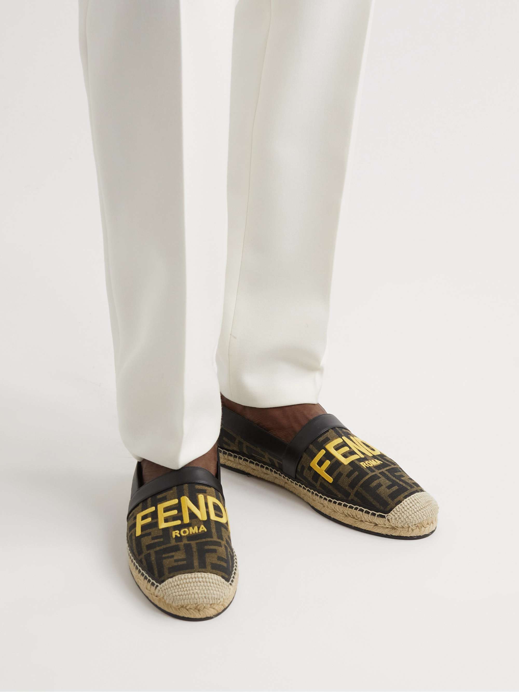 FENDI Logo-Embroidered Leather-Trimmed Canvas-Jacquard Espadrilles