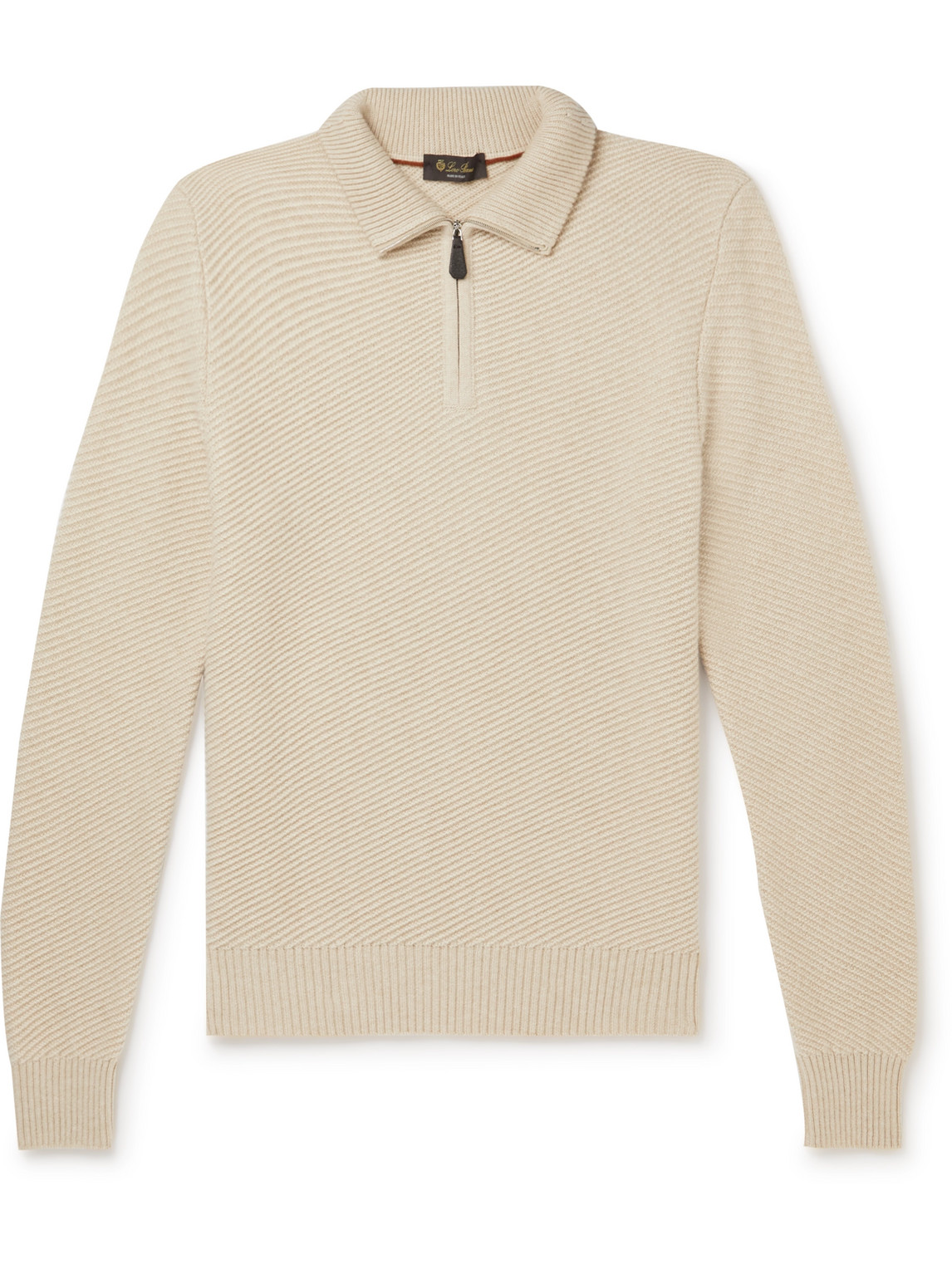 Loro Piana Leather-trimmed Ribbed Cashmere Half-zip Sweater In Neutrals