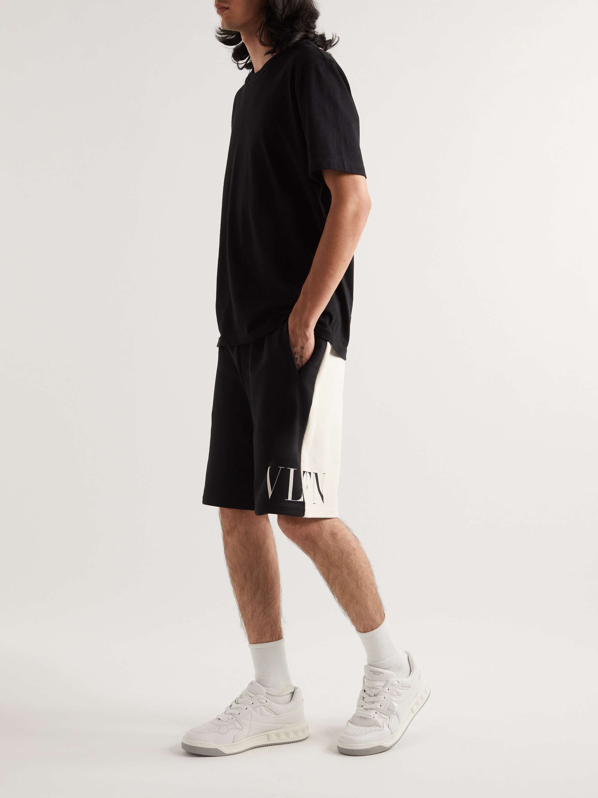 VALENTINO Wide-Leg Logo-Print Colour-Block Cotton-Jersey Drawstring Shorts