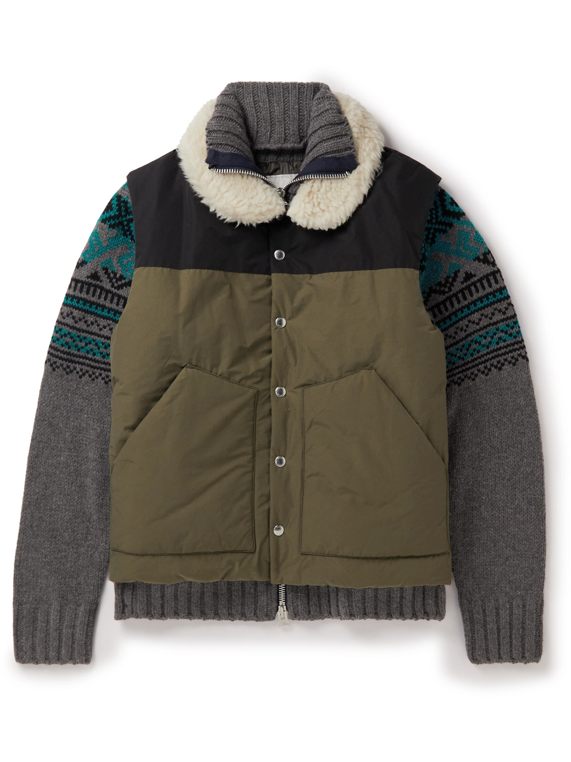 Sacai Faux Shearling-Trimmed Layered Wool-Blend and Shell Bomber Jacket