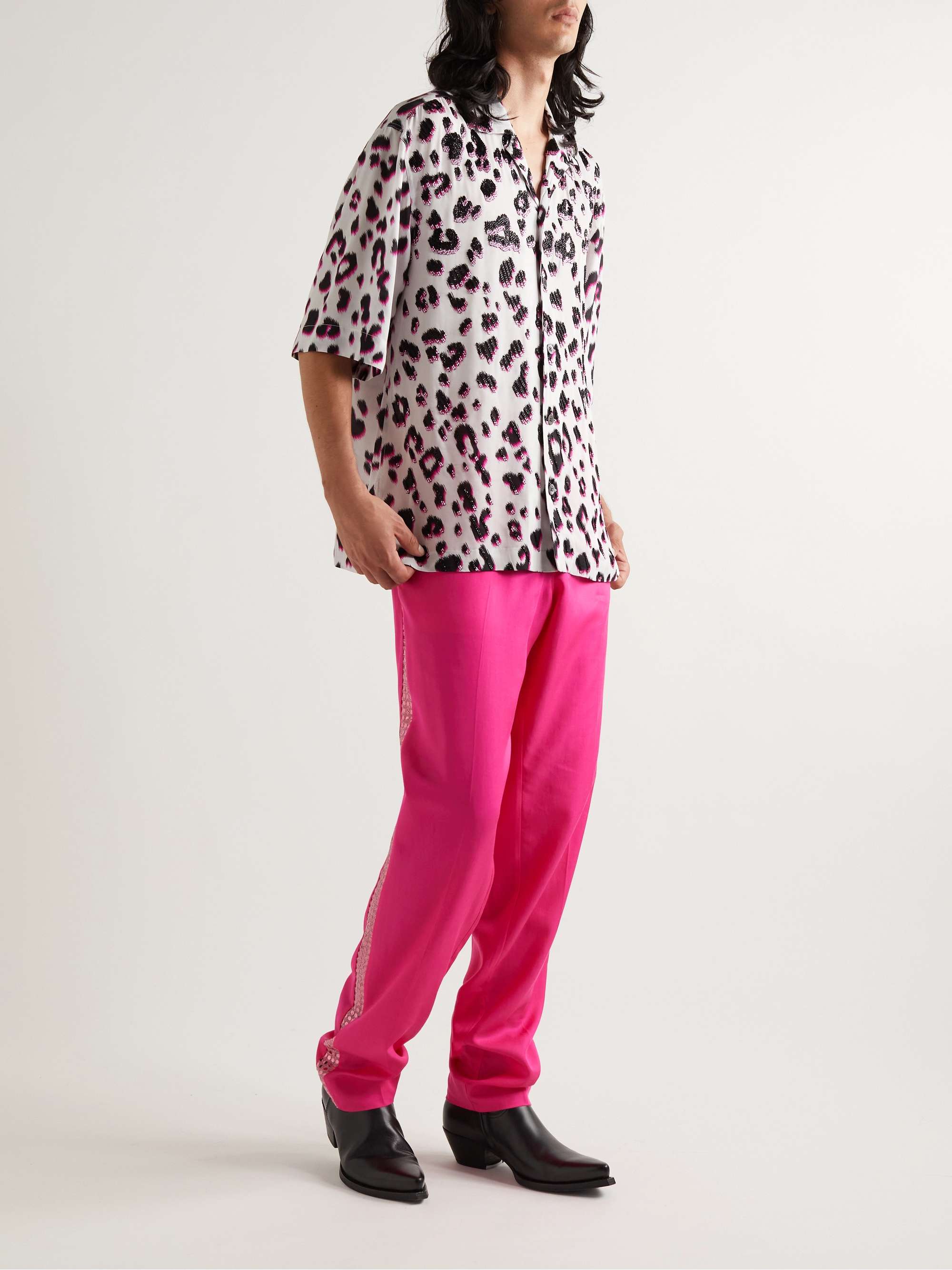 DRIES VAN NOTEN Camp-Collar Bead-Embellished Leopard-Print Georgette Shirt