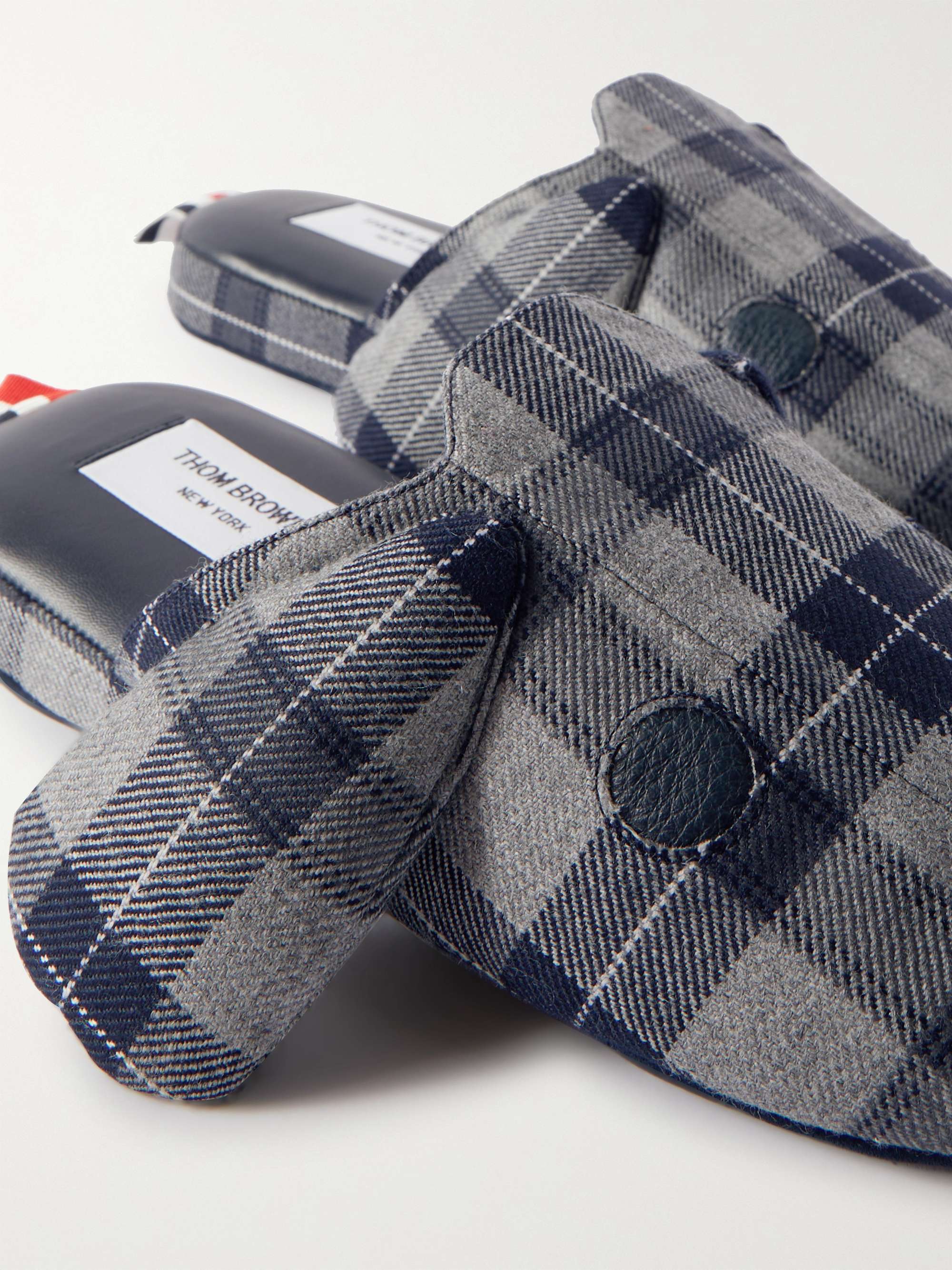 THOM BROWNE Hector Leather-Trimmed Checked Wool-Flannel Slippers