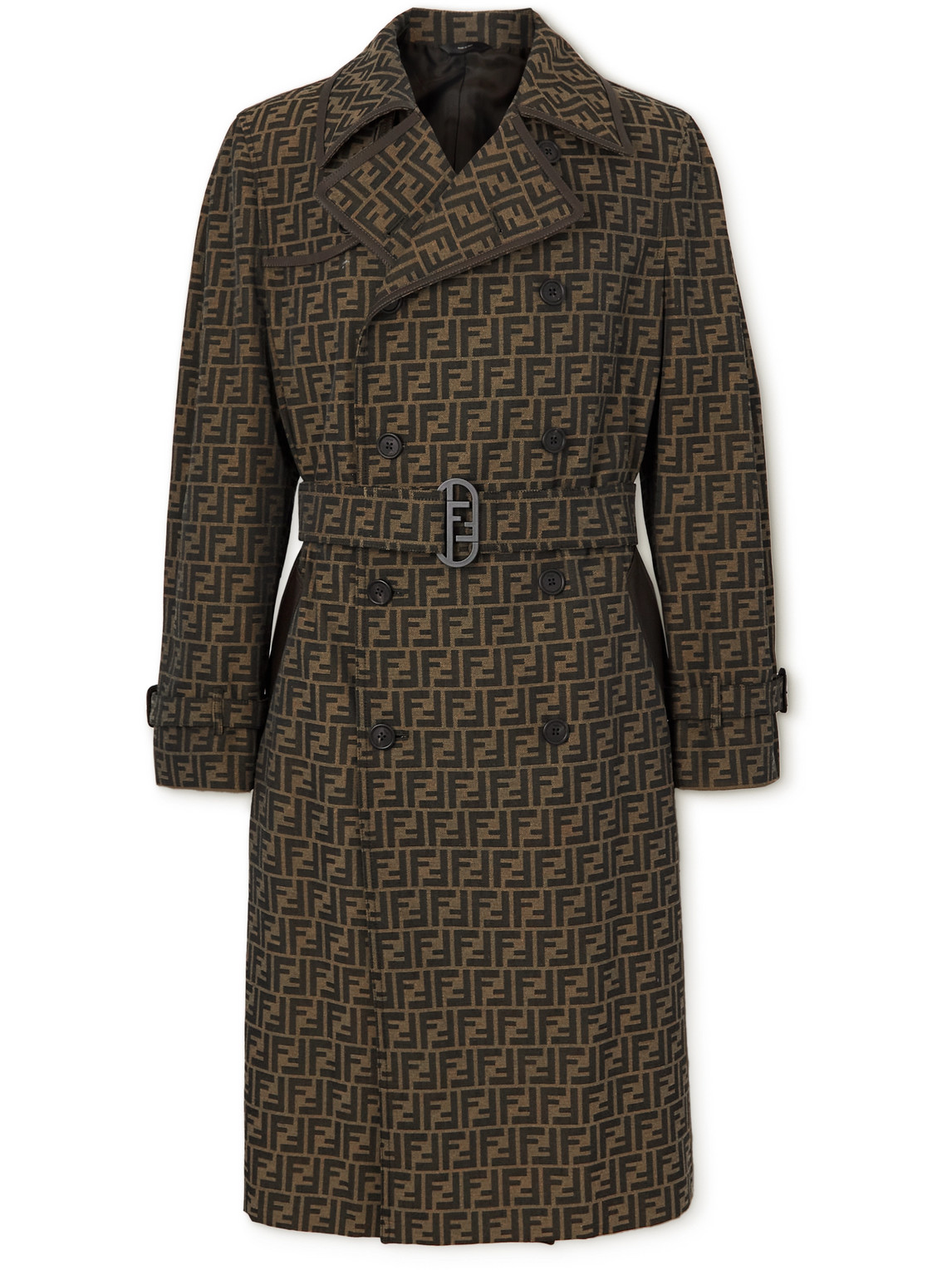 FENDI BELTED LEATHER-TRIMMED LOGO-JACQUARD CANVAS TRENCH COAT