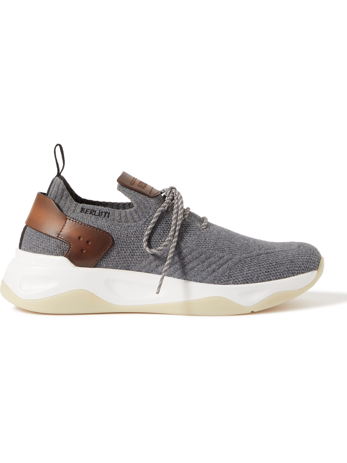 Berluti Shadow Venezia Leather-trimmed Stretch-knit Sneakers In Gray