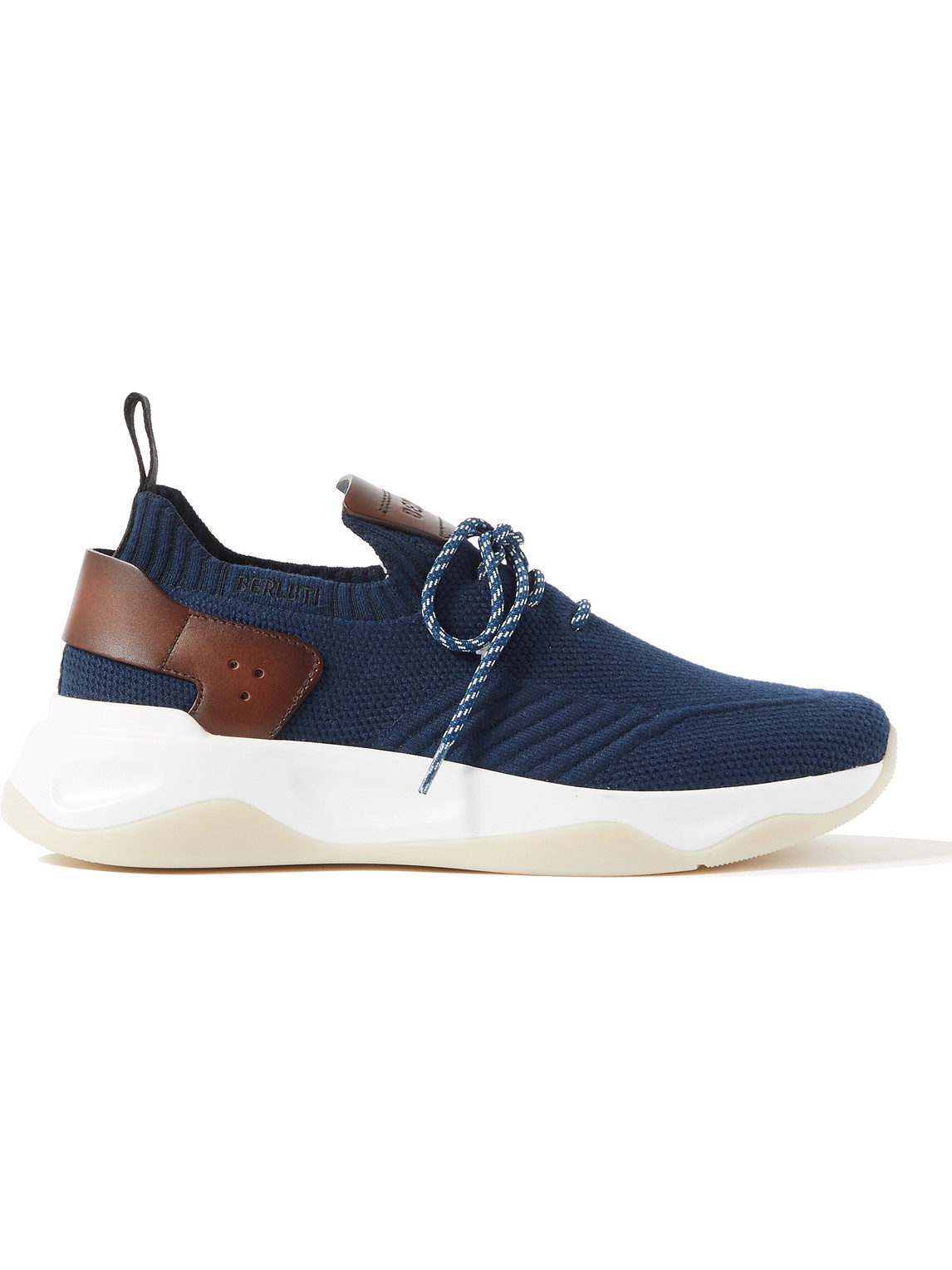 Berluti Shadow Venezia Leather-trimmed Stretch-knit Sneakers In Blue