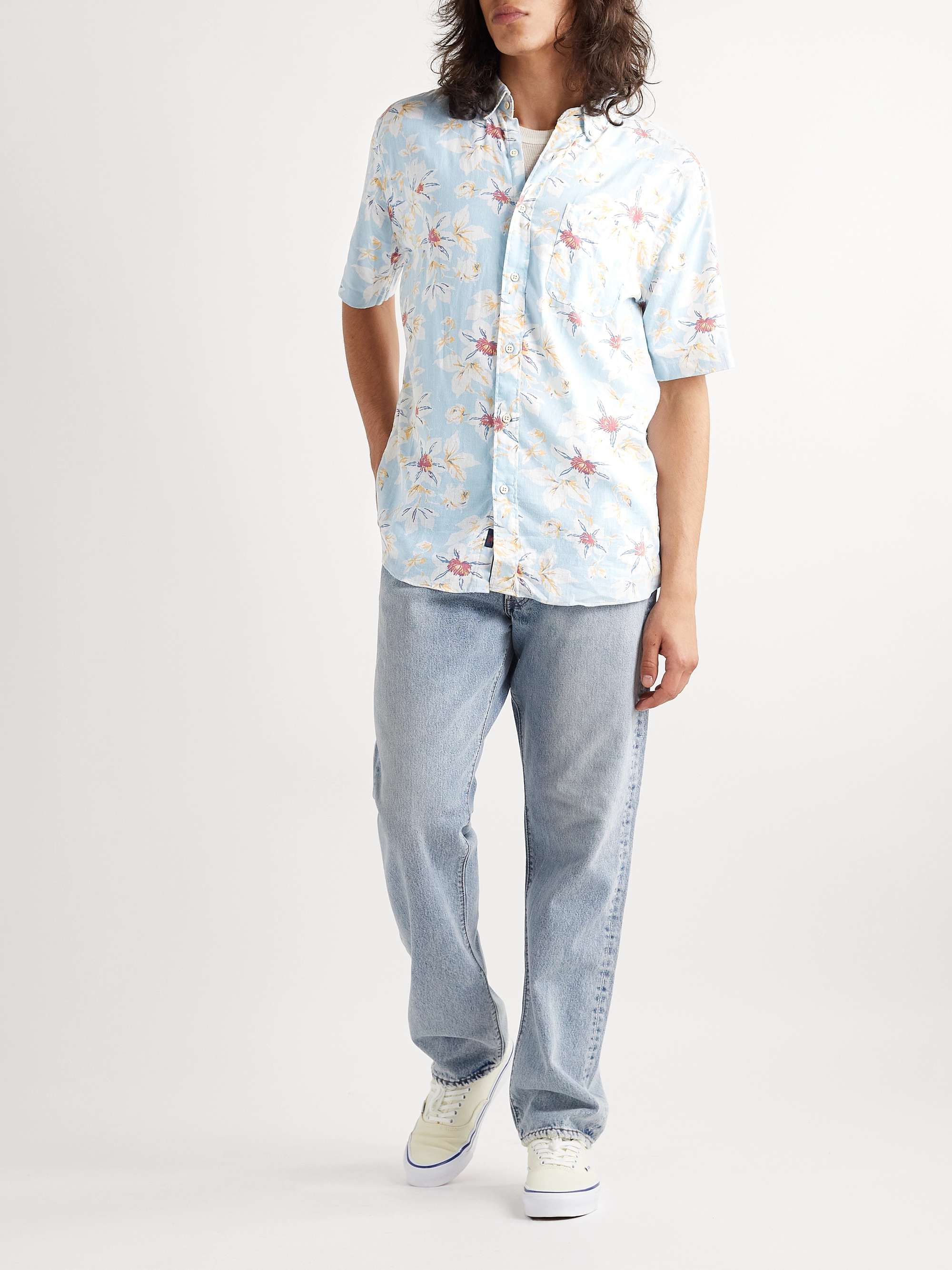 FAHERTY Breeze Button-Down Collar Floral-Print Stretch Hemp-Blend Shirt