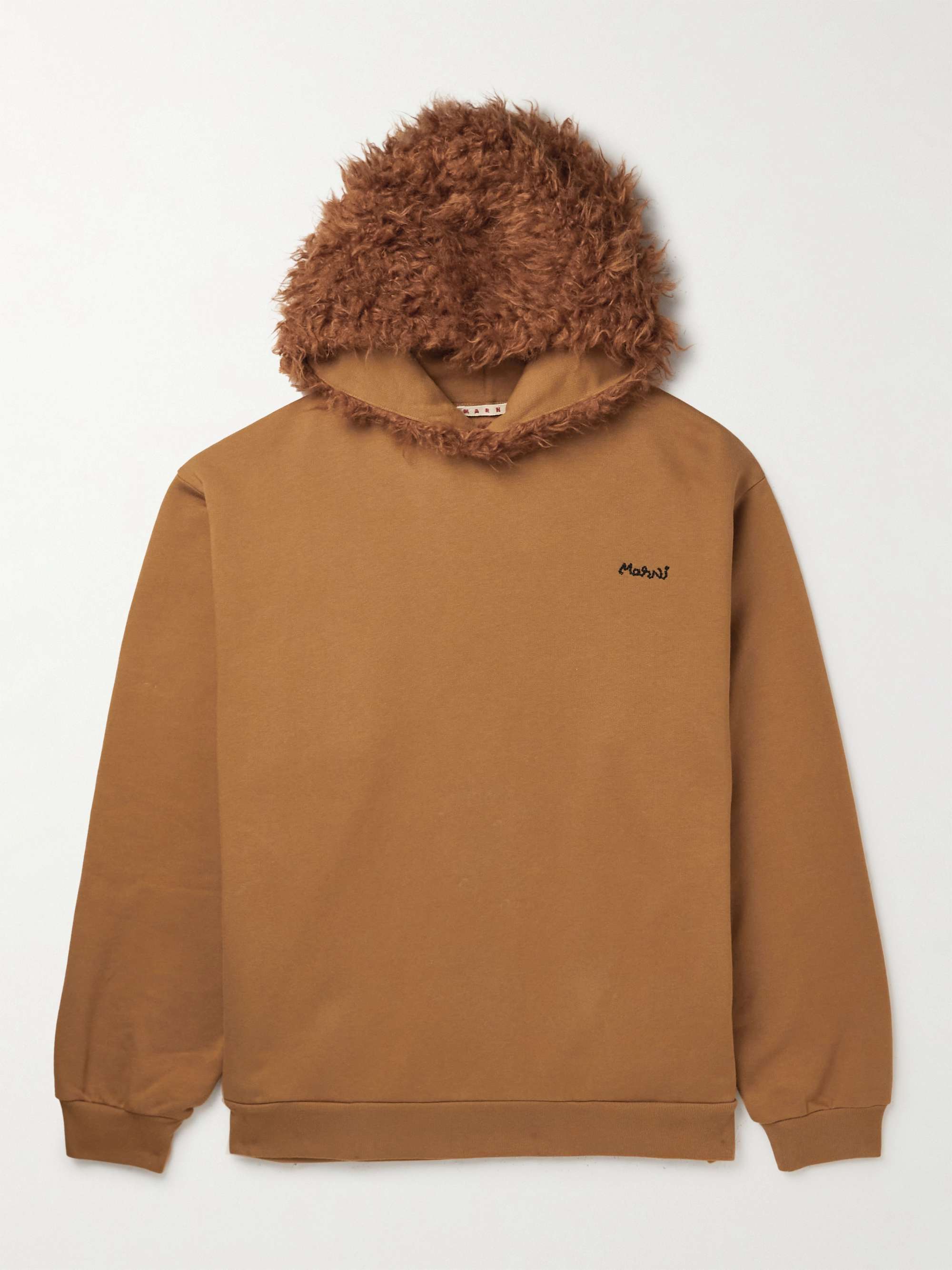 MARNI Logo-Embroidered Faux Shearling-Trimmed Cotton-Jersey Hoodie